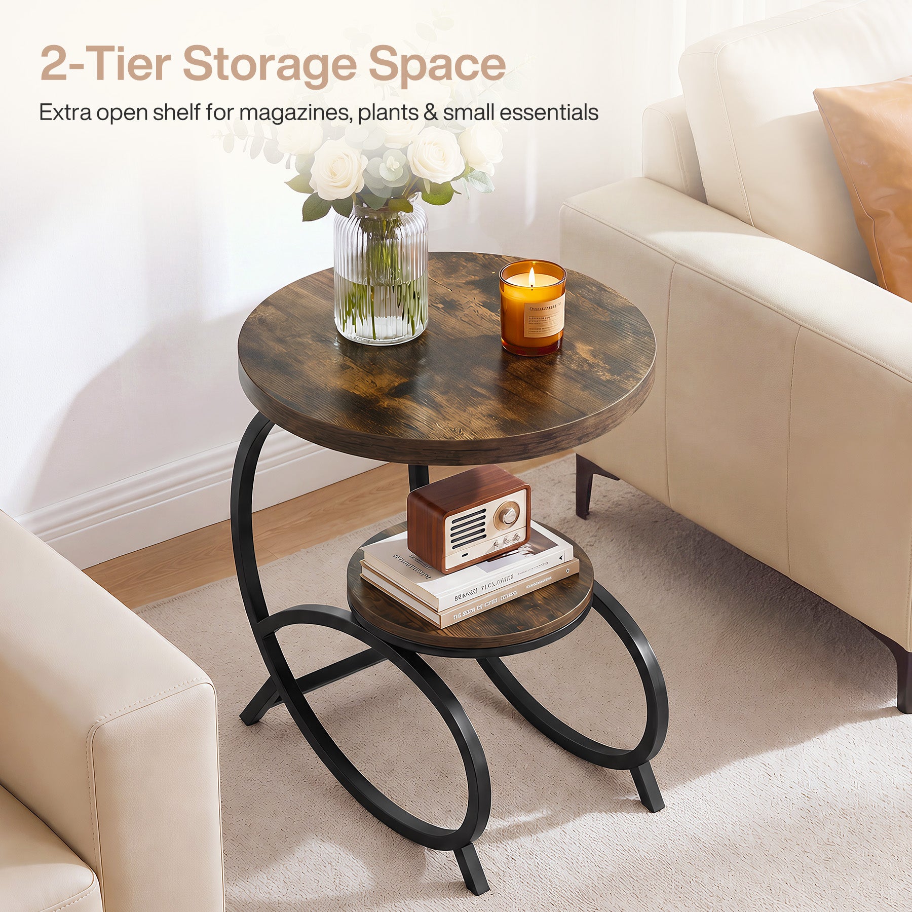 19.69 Inch C Shaped Side Table, 2 Tier Round End Table with Storage for Living Room