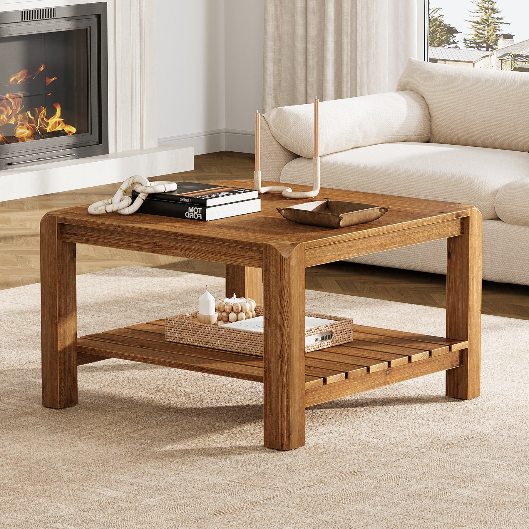 31.5" Solid Wood Coffee Table, 2-Tier Square Table with Rounded Corners