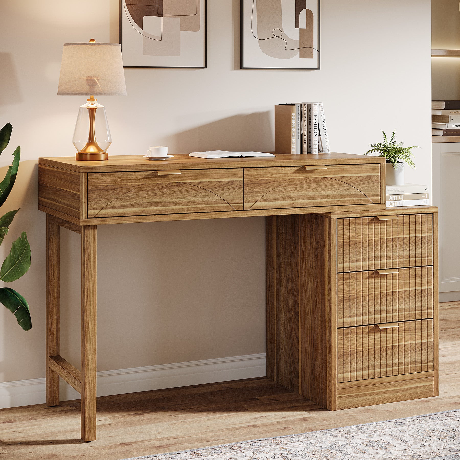 Reversible Computer Desk with 5 Drawers, Small Writing Desk for Home Office and Bedroom
