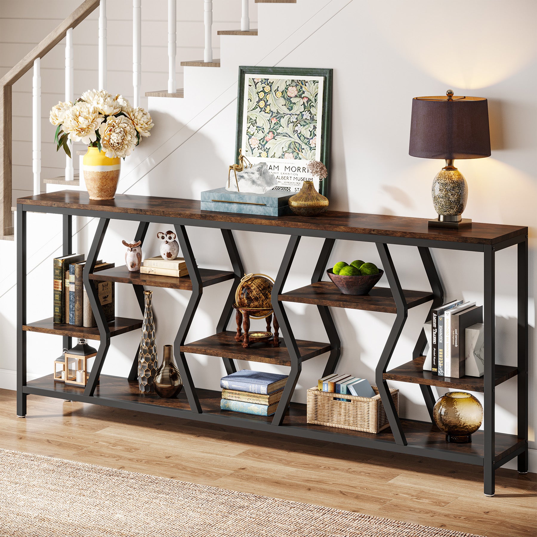 70.9-Inch Extra Long Sofa Console Table with 4-Tier Wood Storage Shelves, Industrial Narrow Entryway Table for Hallway