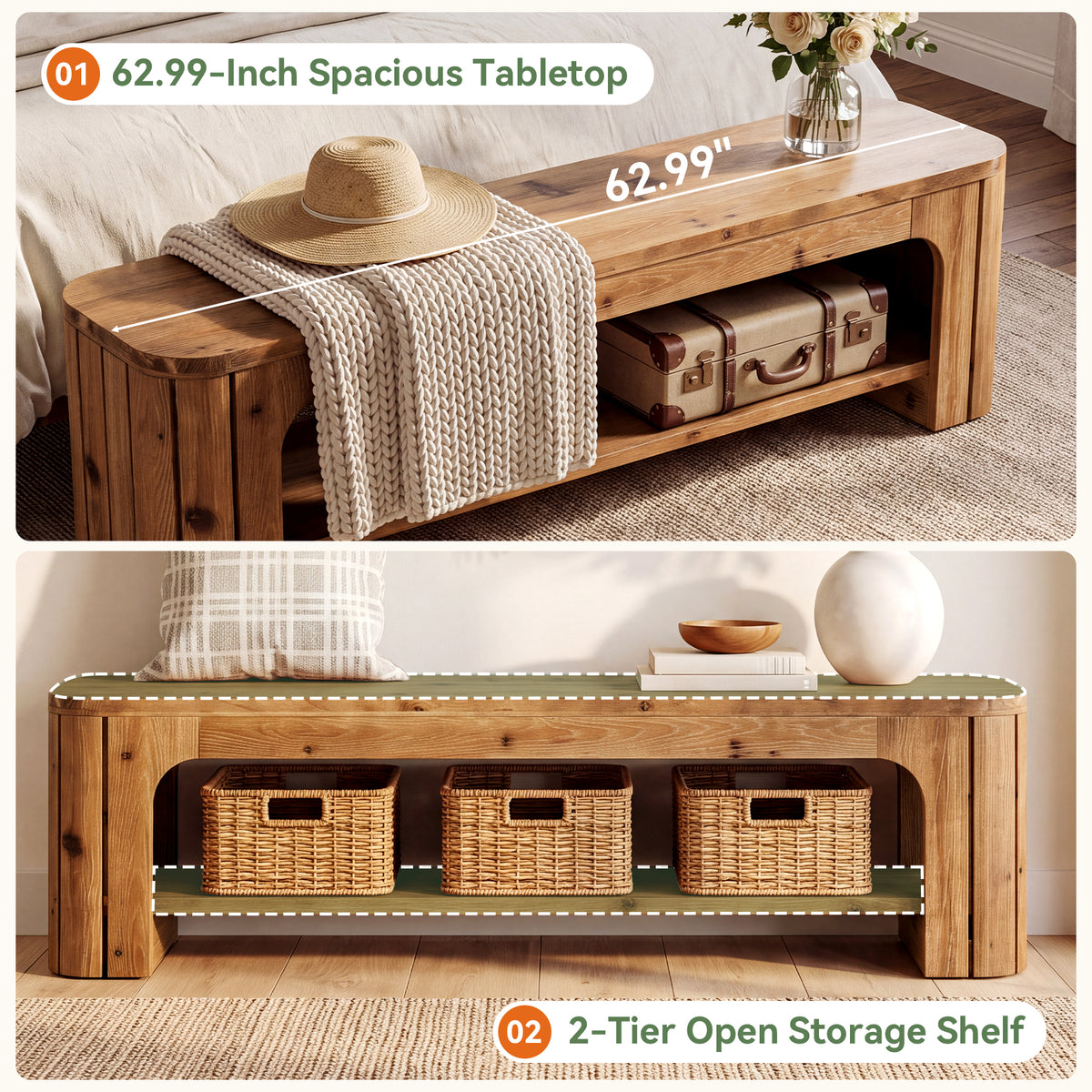 Tribesigns 62.99-Inch Solid Wood Shoe Storage Bench, 2-Tier Entryway Bench for Hallway and Bedroom