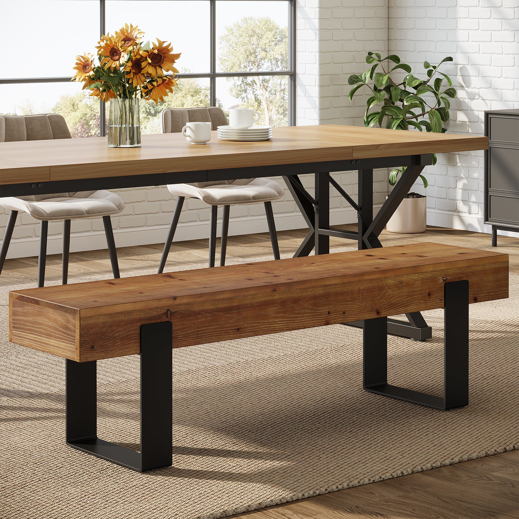Tribesigns 63-Inch Solid Wood Dining Bench, Farmhouse Kitchen Seat with Metal Legs for Dining Room
