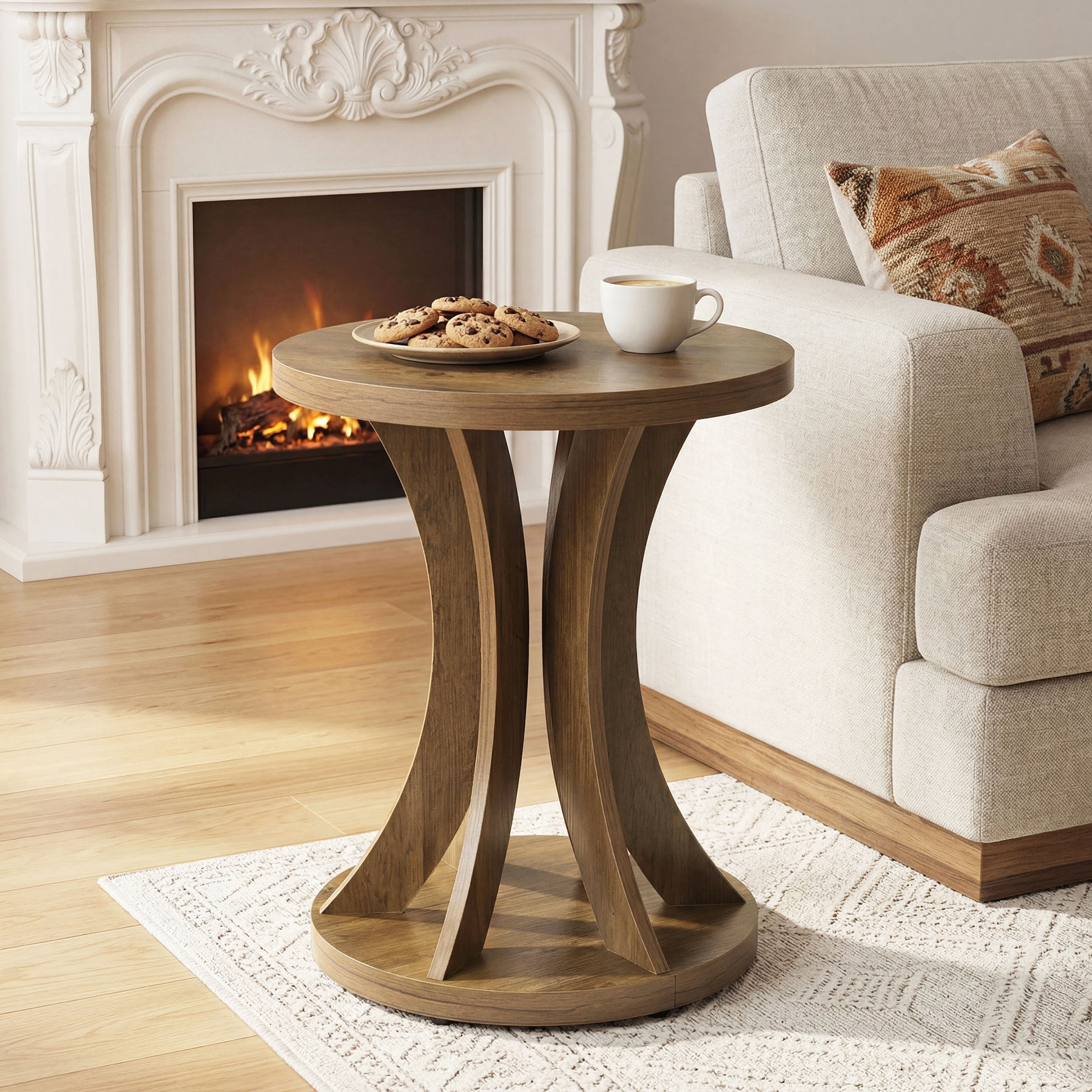 17.72 Inch Round Side Table, Farmhouse End Table with Curved Frame and Storage for Living Room