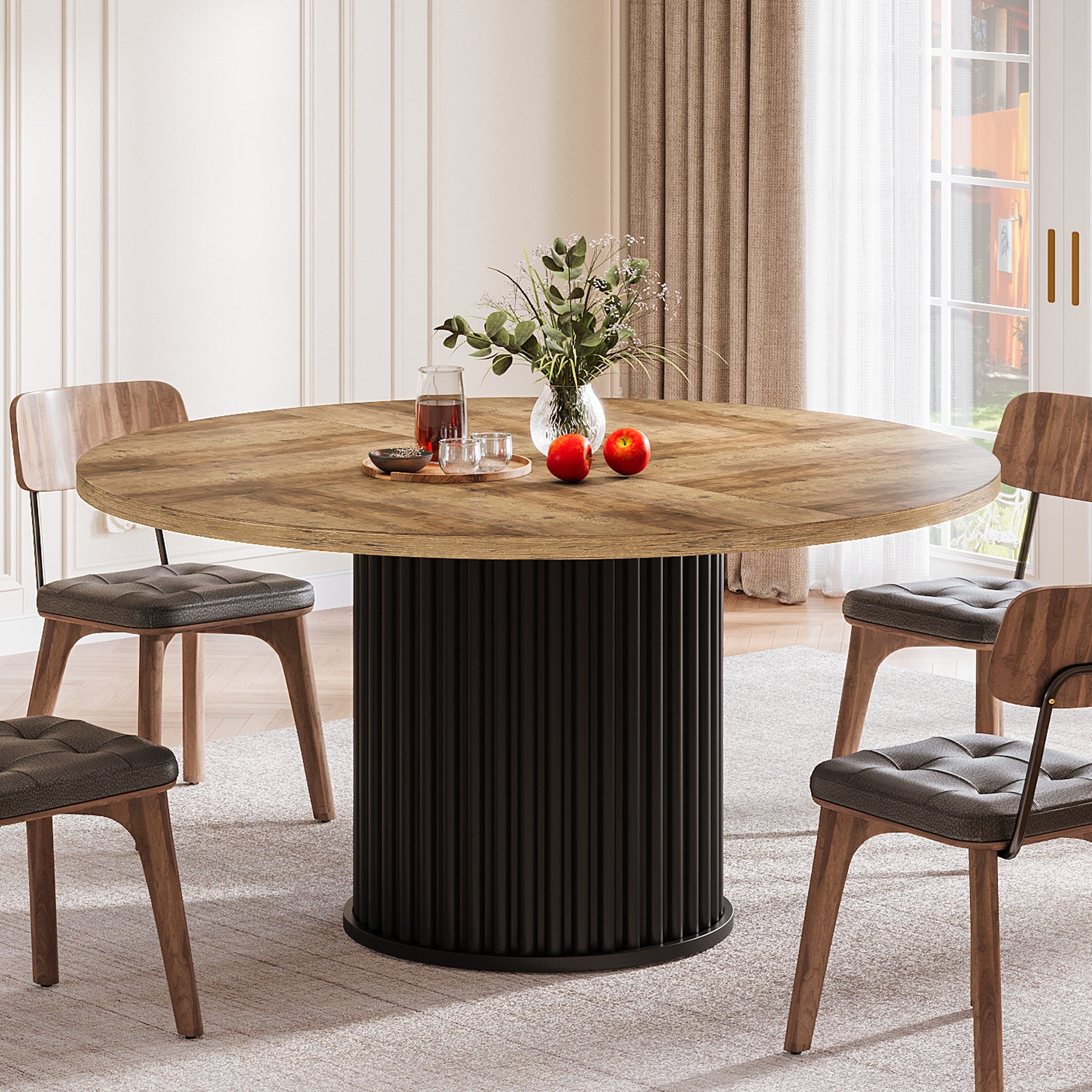 47" Round Dining Table for 4–6 People, Modern Farmhouse Kitchen Table with Fluted Pedestal Base