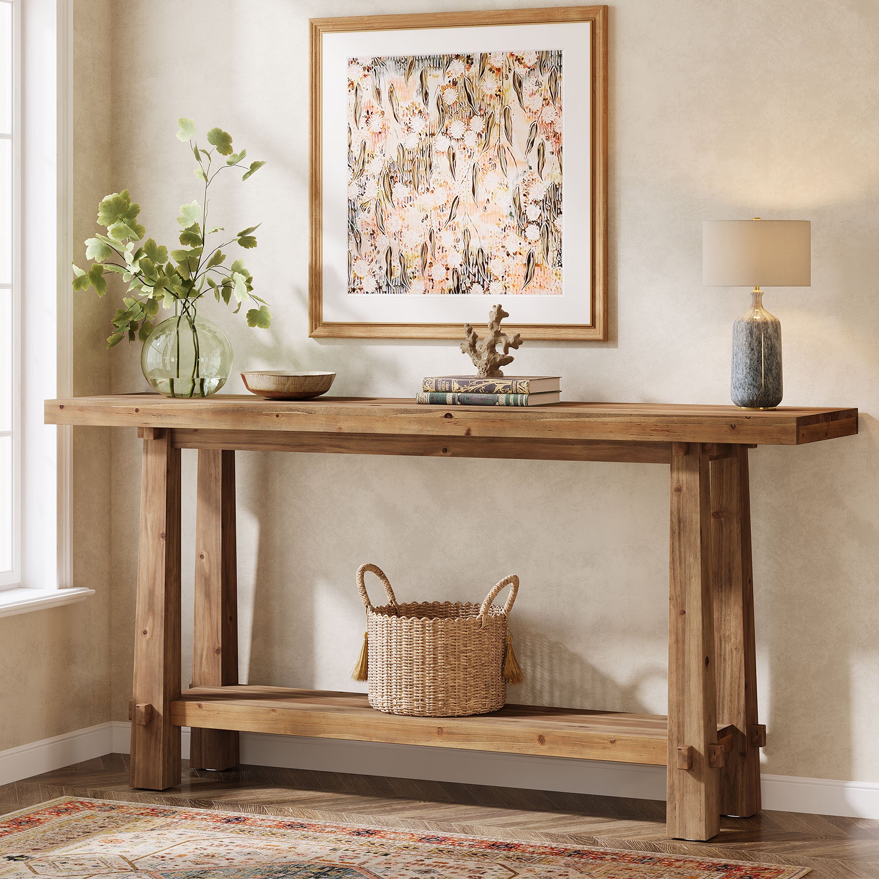 Tribesigns 63" Console Table, Farmhouse Solid Wood Entryway Sofa Table with 2-Tier Storage