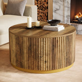 31.5" Round Fluted Wood Coffee Table with Drum Base, Mid Century Modern Rustic Brown 3