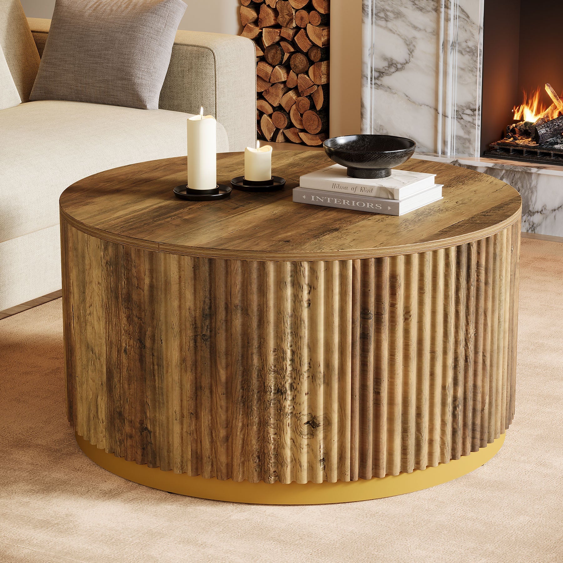 31.5" Round Fluted Wood Coffee Table with Drum Base, Mid Century Modern Rustic Brown