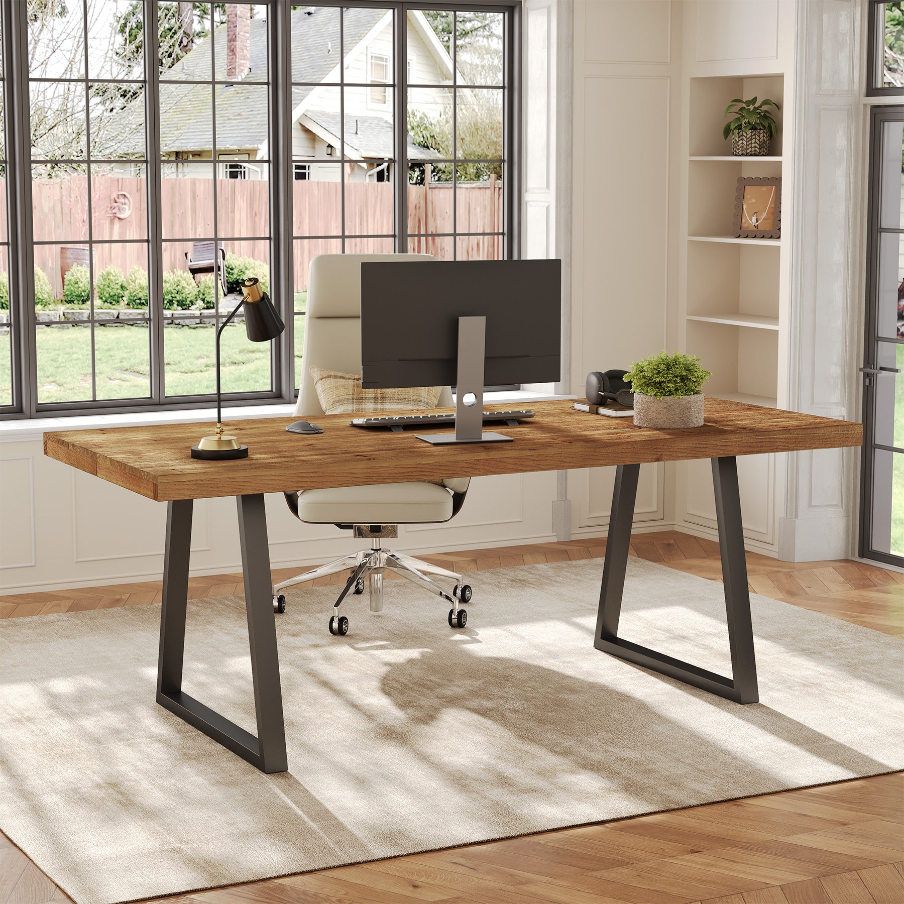 Tribesigns 63-Inch Industrial Executive Desk with Solid Wood Panels and Metal Legs, Computer Writing Desk for Home Office Study and Small Conference Room