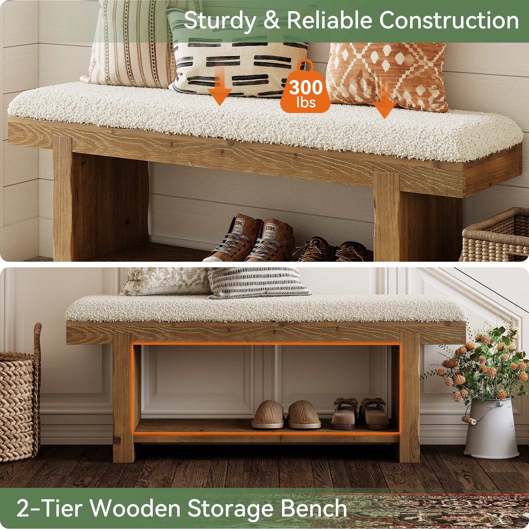Tribesigns 47.2-Inch Farmhouse Entryway Bench with Storage Shelf, Solid Wood Upholstered Shoe Bench for Mudroom
