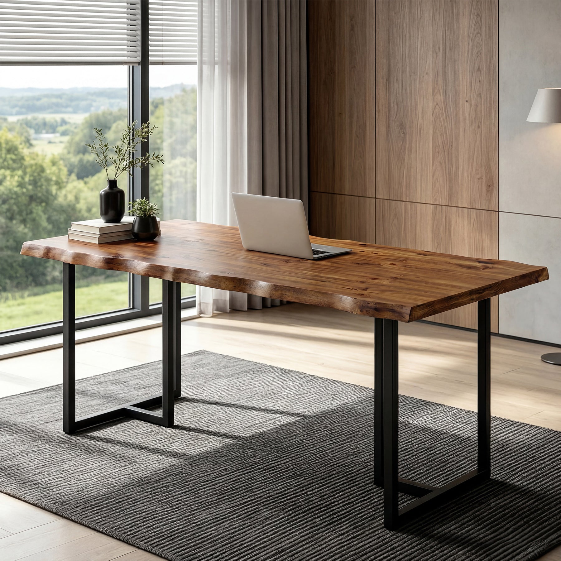 Tribesigns 63-Inch Solid Wood Home Office Desk with Live-Edge Inspired Top, Industrial Writing Desk with Metal Frame for Study and Work