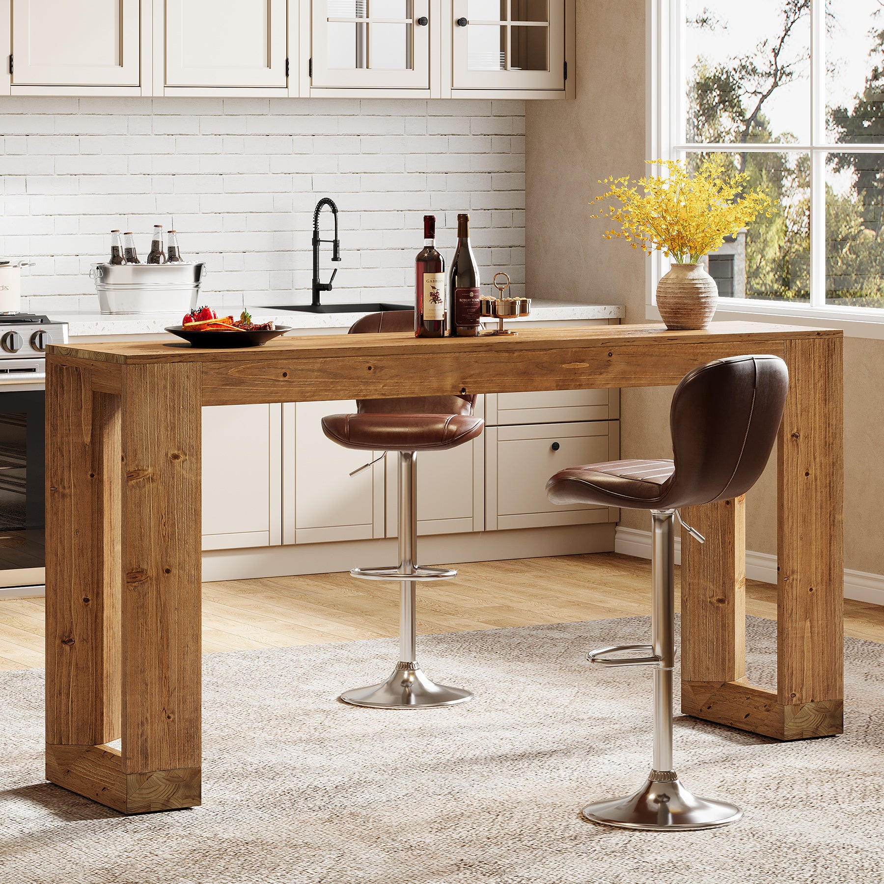 Tribesigns 63-Inch Solid Wood Counter Height Bar Table, Narrow Pub Dining Table for Kitchen and Home Bar