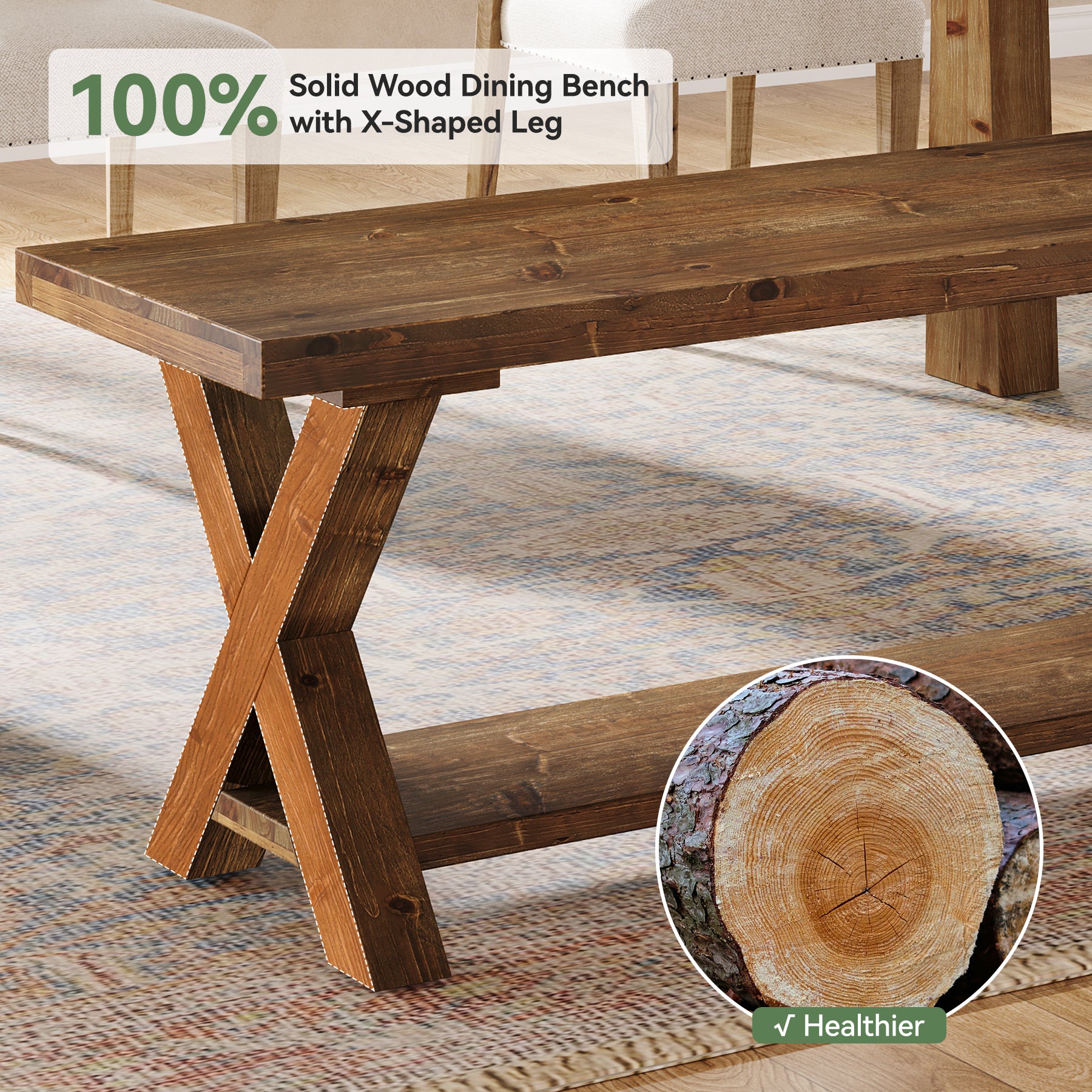 Tribesigns 43.3-Inch Solid Wood Dining Bench with X-Shaped Legs and Storage Shelf, Farmhouse Kitchen Table Bench for Dining Room