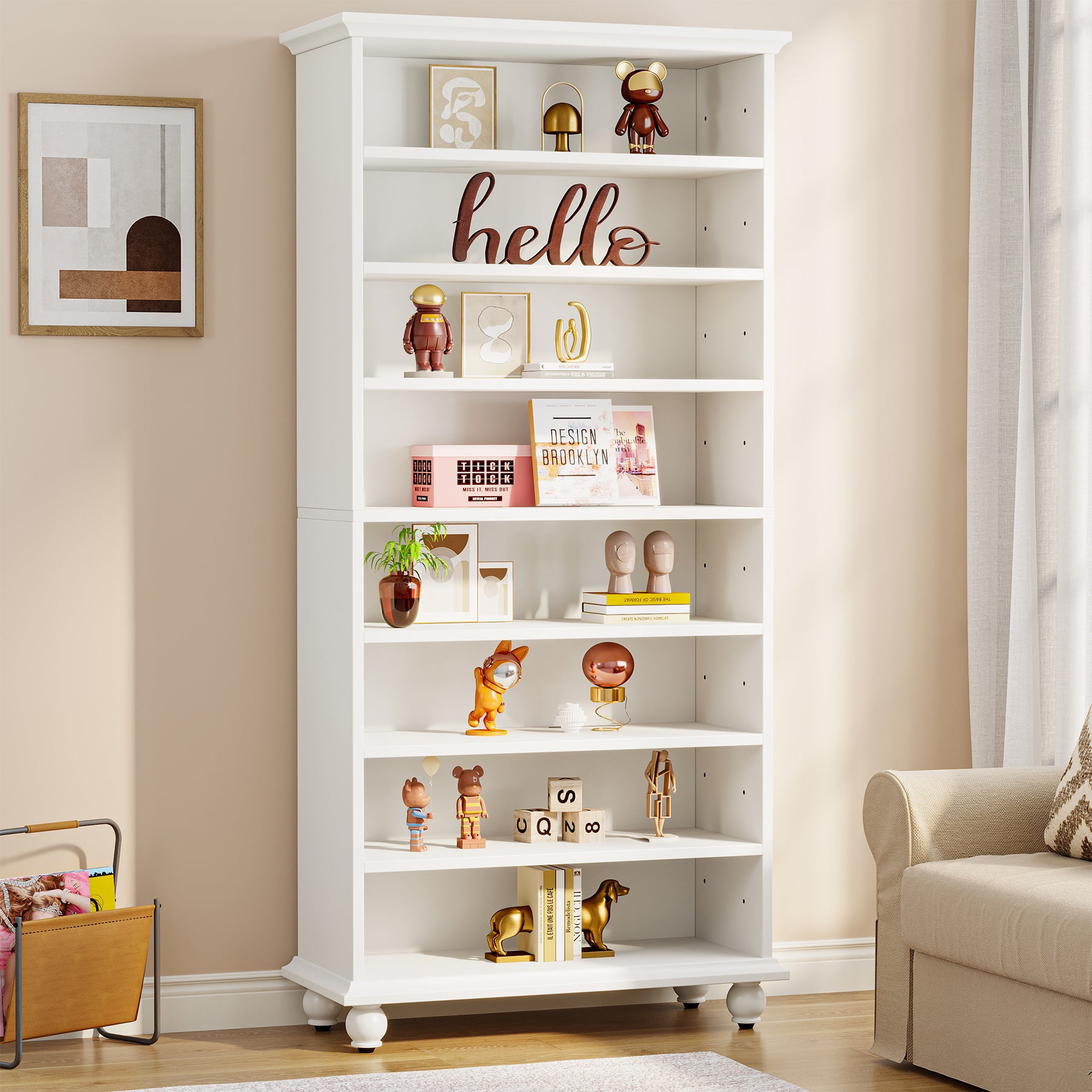 Tribesigns 69-Inch White Bookcase with LED Lighting and Solid Wood Legs, 9-Tier Open Bookshelf for Living Room and Home Office