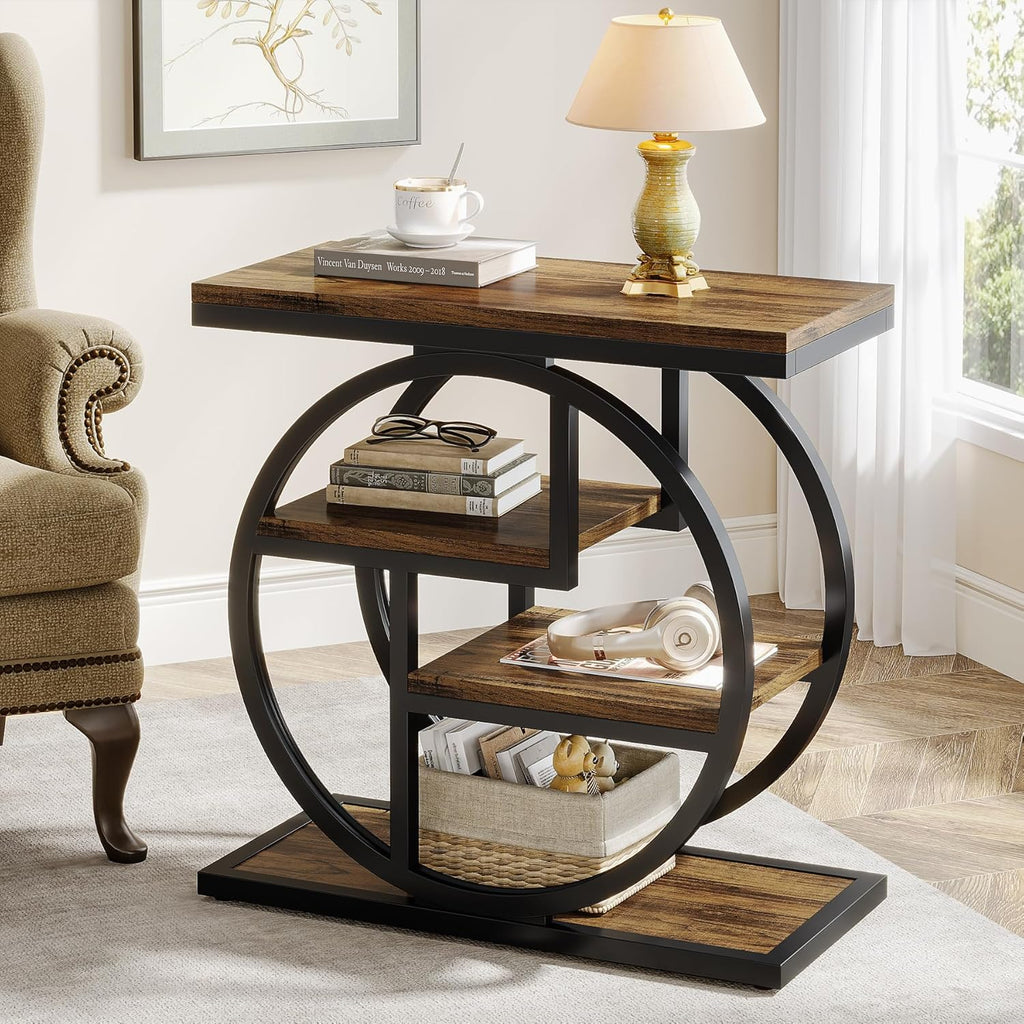 23.6" Industrial 4 Tier End Table Narrow Wood & Metal Side Table Storage Shelves Rustic