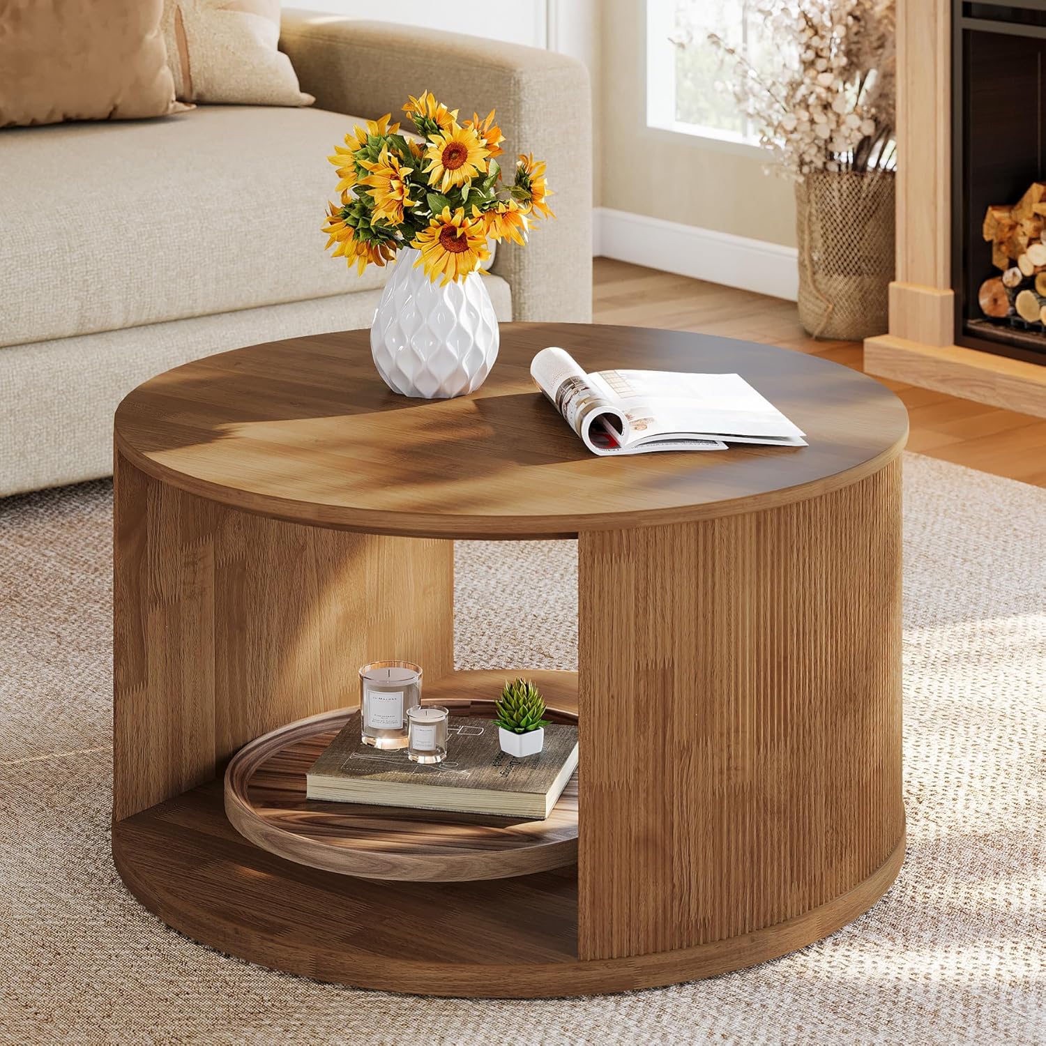 31.5" Round Mid-Century Coffee Table - Walnut Fluted Base with Storage for Small Spaces