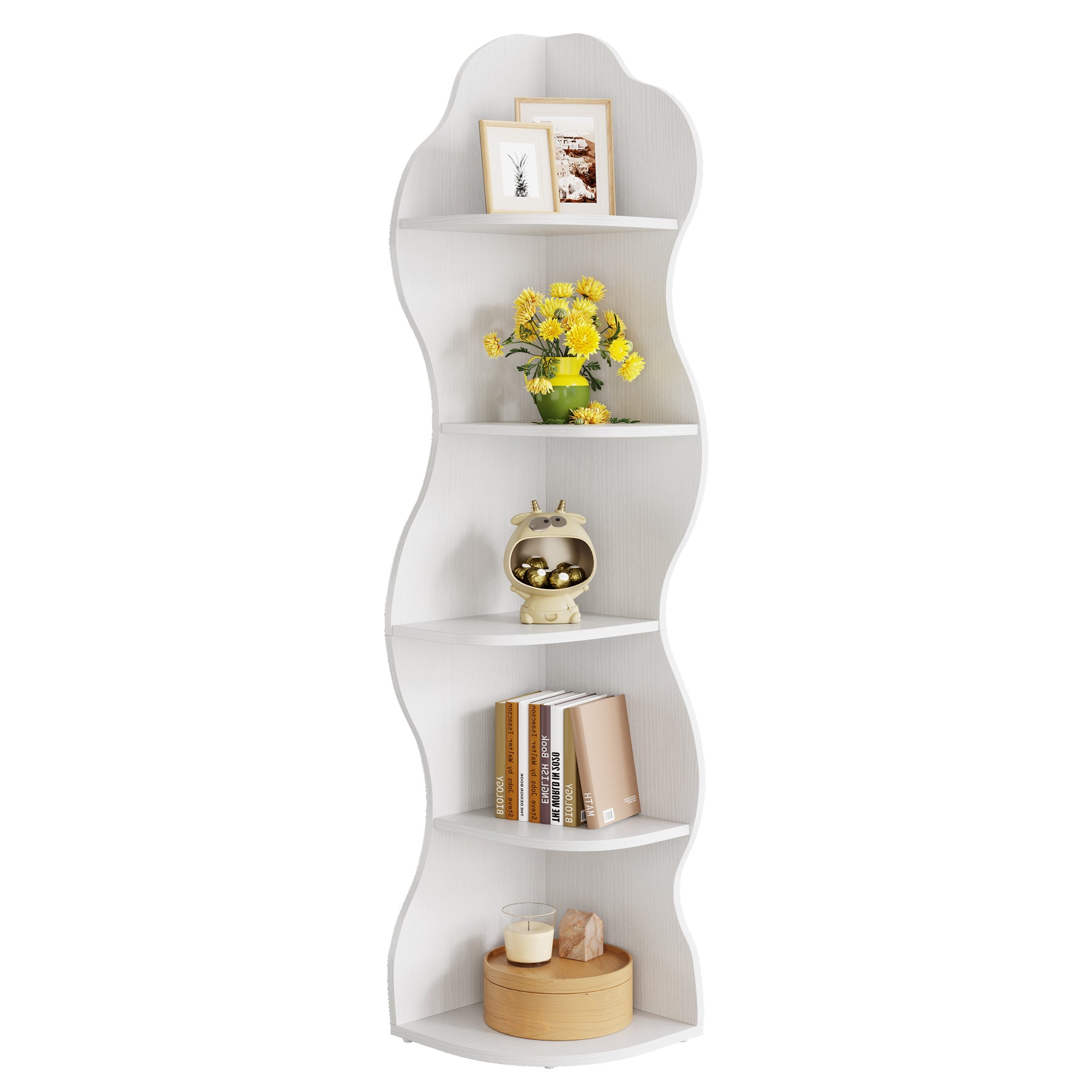 70-Inch White 5-Tier Corner Bookshelf, Tall Curvy Bookcase for Living Room and Small Spaces