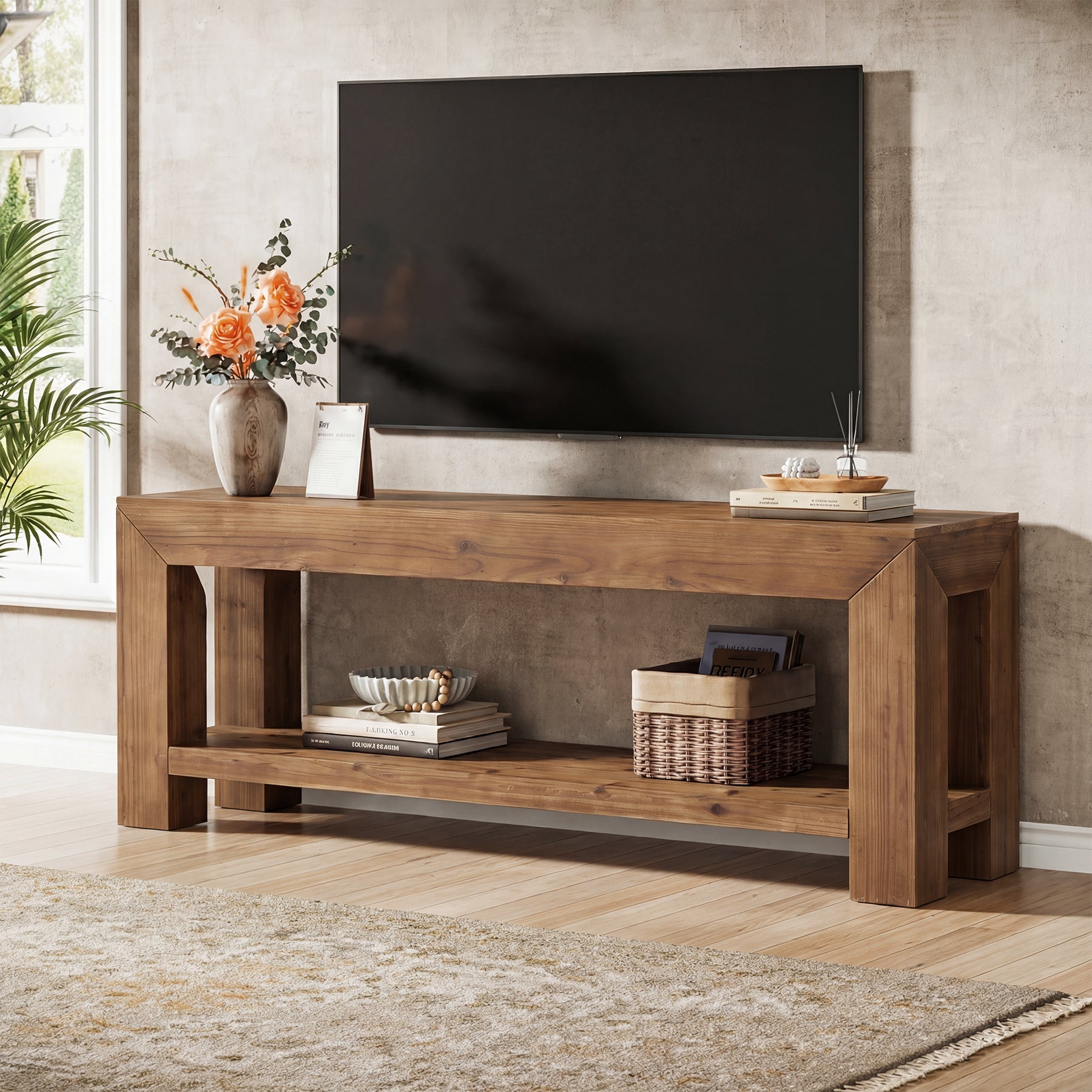 Tribesigns 63-Inch Solid Wood TV Stand for TVs up to 75 Inches with 2-Tier Open Storage Shelves