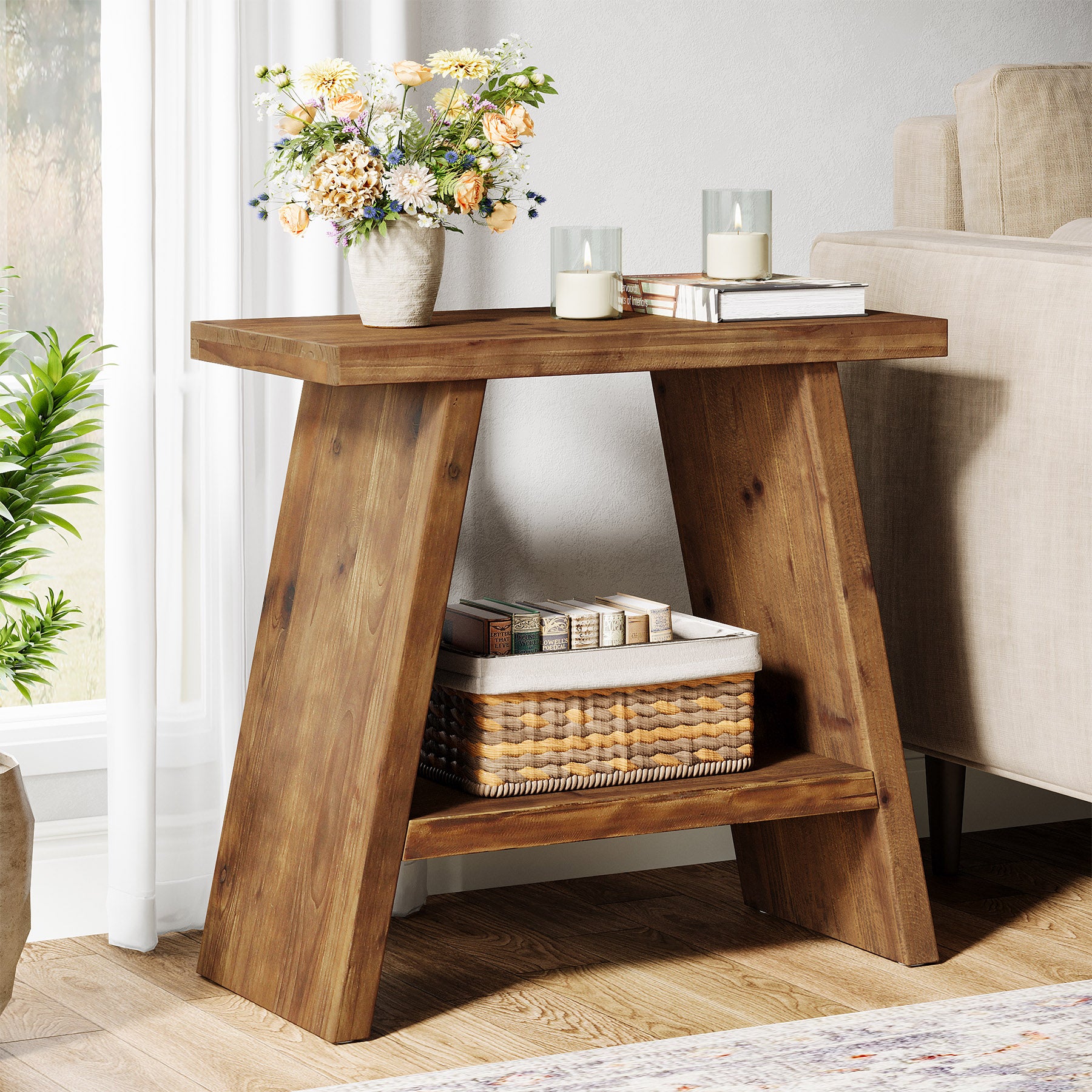 Tribesigns 23.62" Solid Wood End Table, 2-Tier Nightstand for Living Room and Bedroom