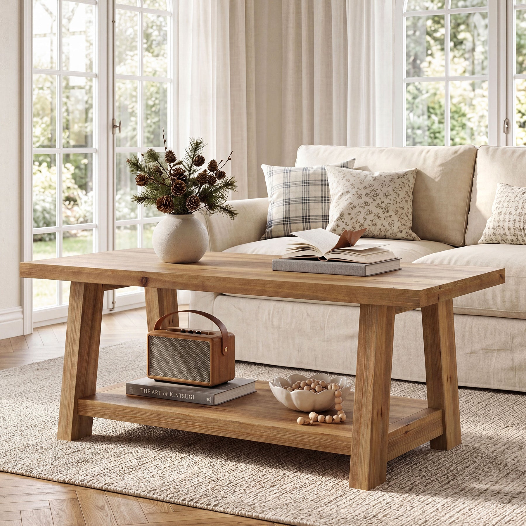 Tribesigns 47.2-Inch Solid Wood Coffee Table, 2-Tier Storage Shelf Rectangle Center Table for Living Room