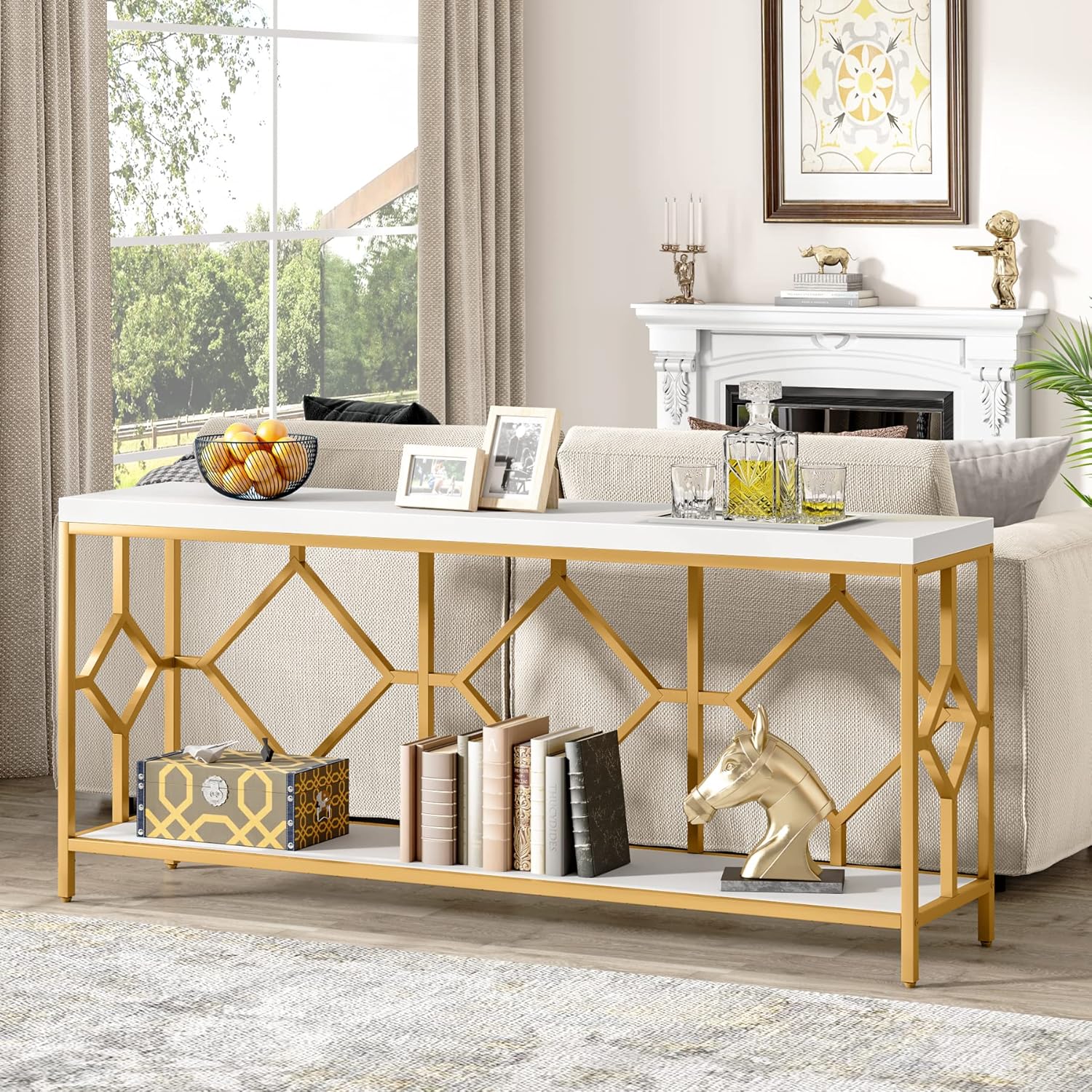 71" Extra Long Sofa Table - Narrow Console Table with Open Shelf for Behind Couch Storage