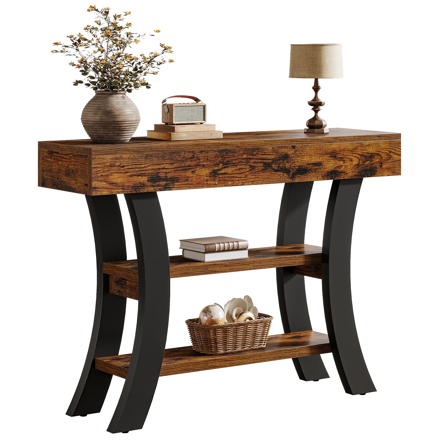 41.34" Rustic Console Table, 3-Tier Entryway Table with Curved Frame for Living Room