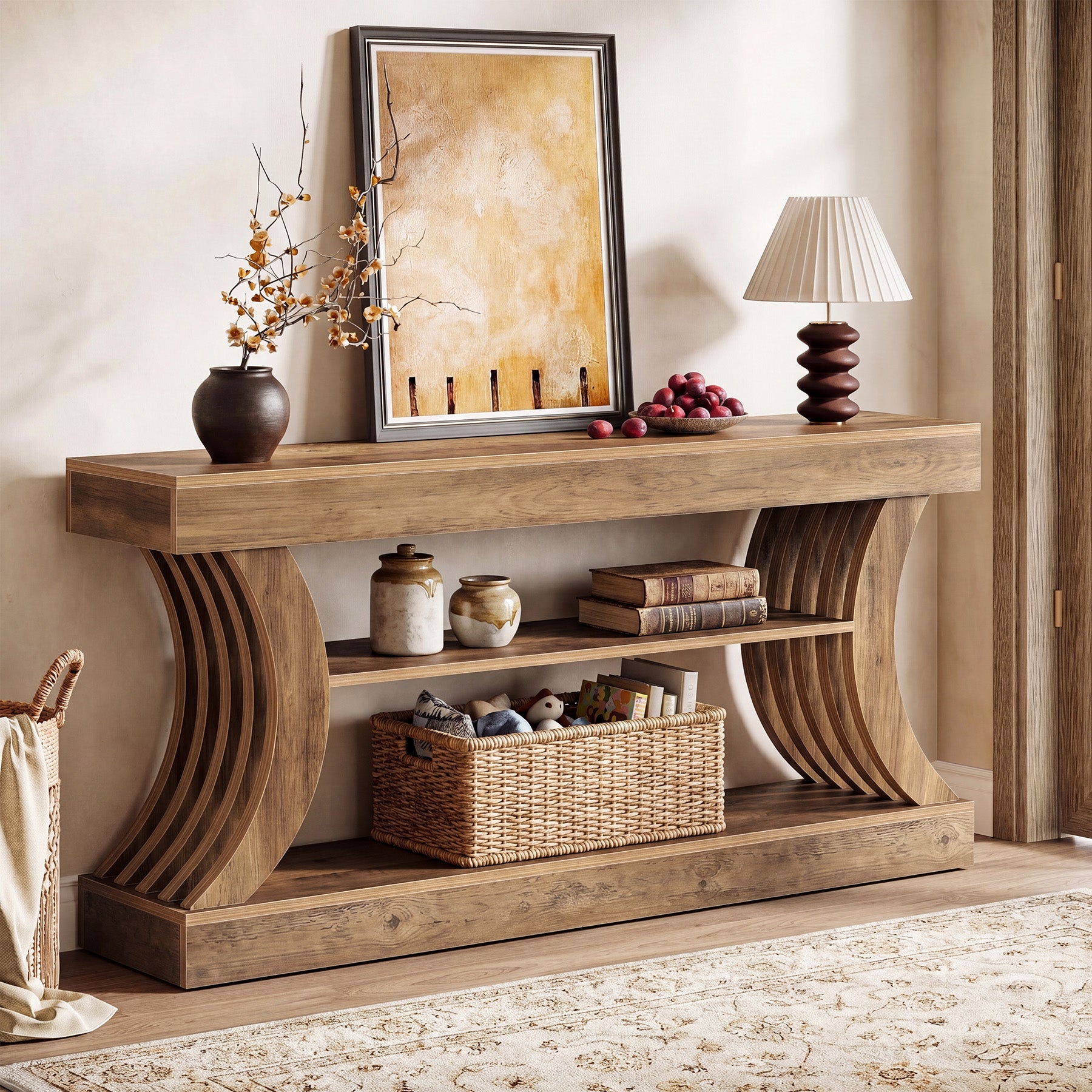 70.9-Inch 3-Tier Console Table with Curved Base, Farmhouse Hallway Table with Storage