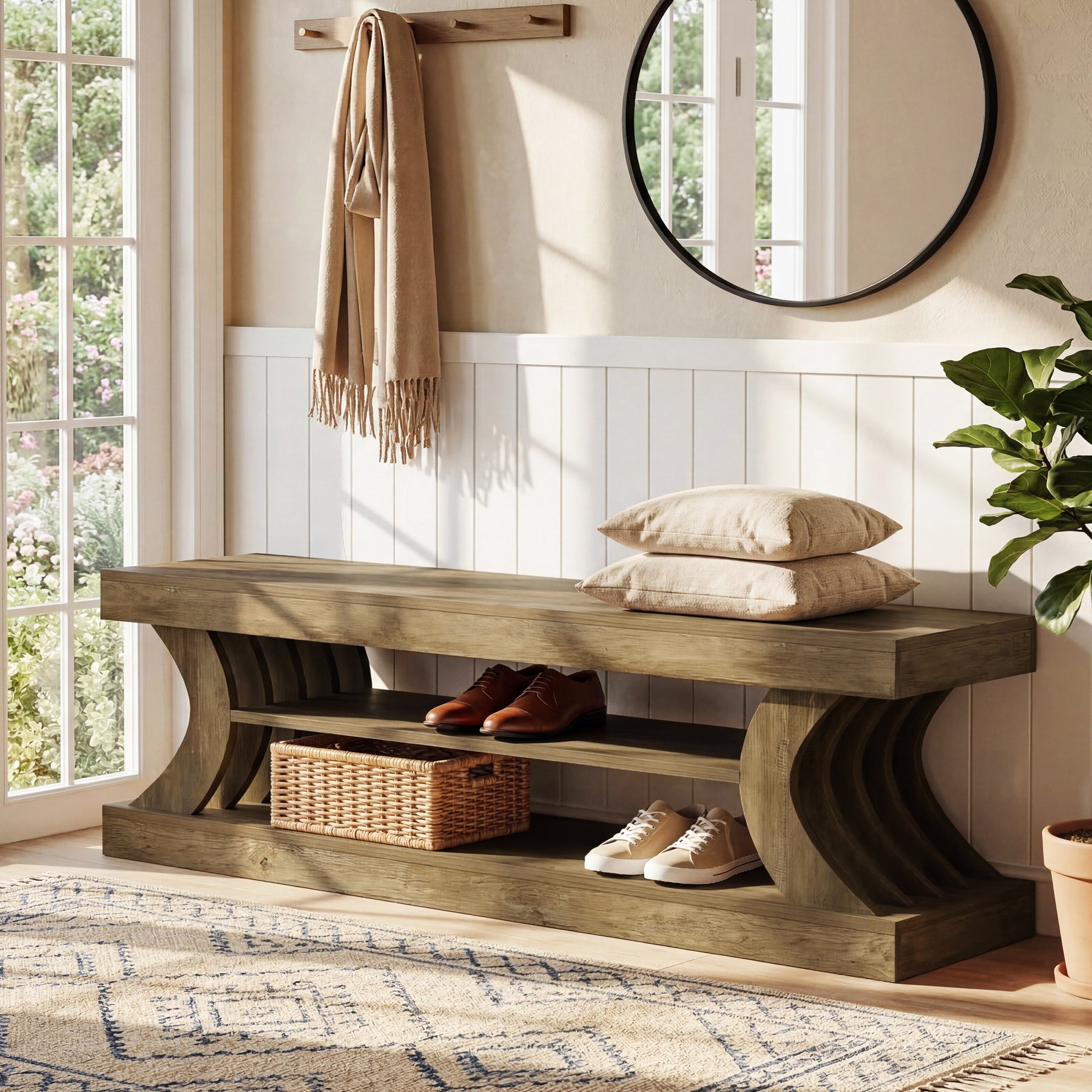 Tribesigns 63-Inch Entryway Shoe Bench with Open Storage, 3-Tier Bed Bench for Bedroom and Hallway