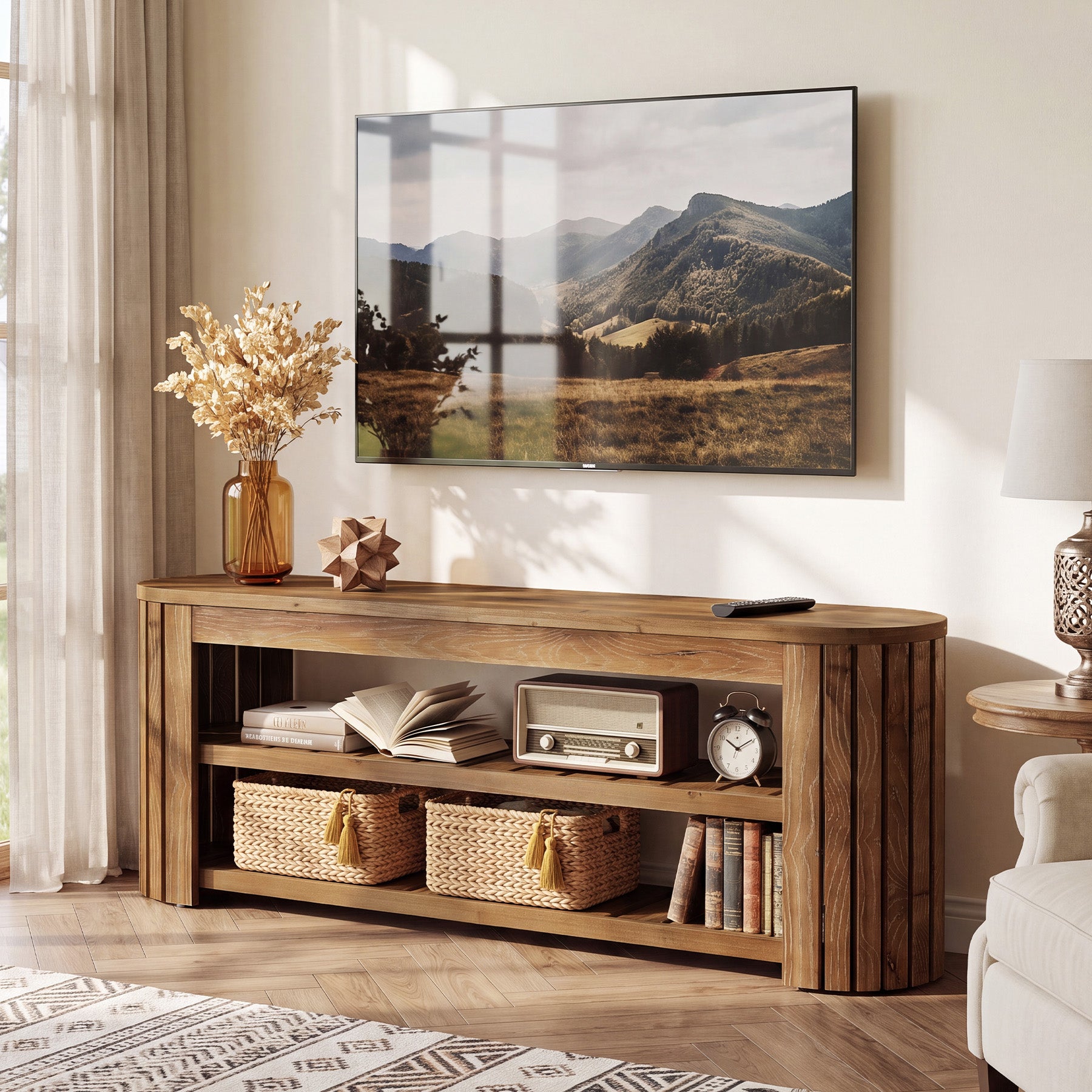 63 Inch Solid Fir Wood TV Stand with Rounded Top, Farmhouse Media Console with Shelves