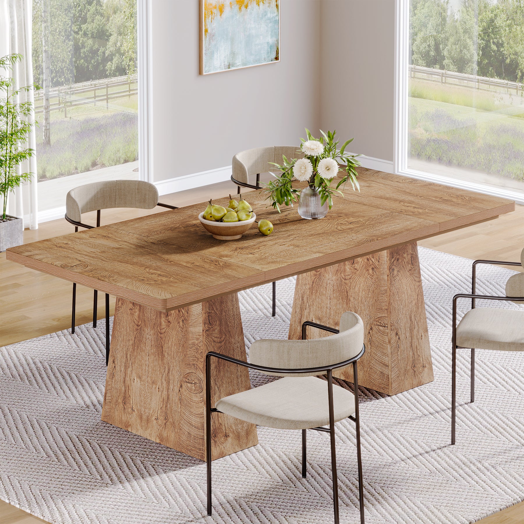 Tribesigns 63 Inch Dining Table for 6, Farmhouse Rectangular Kitchen Table with Double Pedestal for Dining Room
