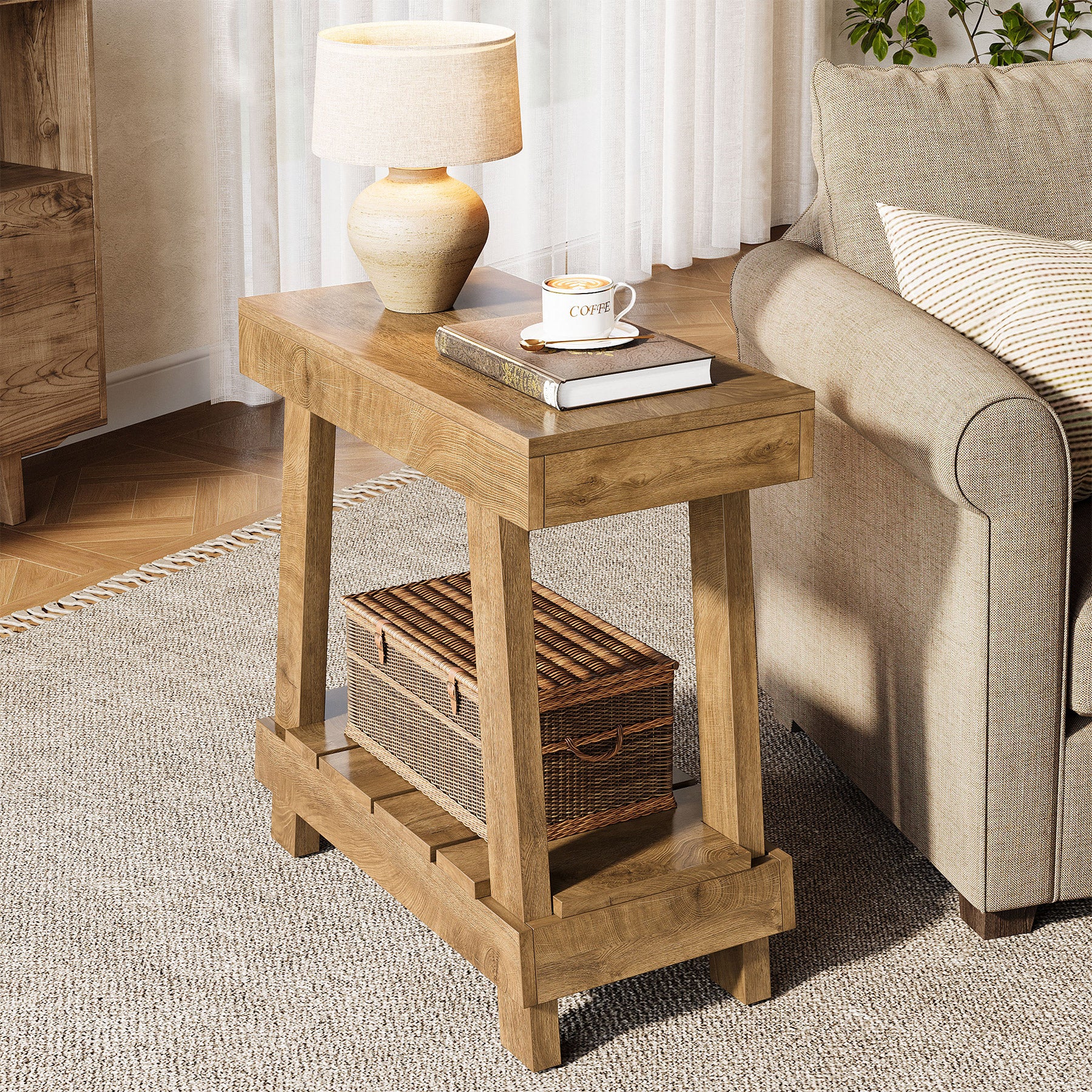 23.62" 2-Tier End Table - Farmhouse Bedside Nightstand with Storage Shelf