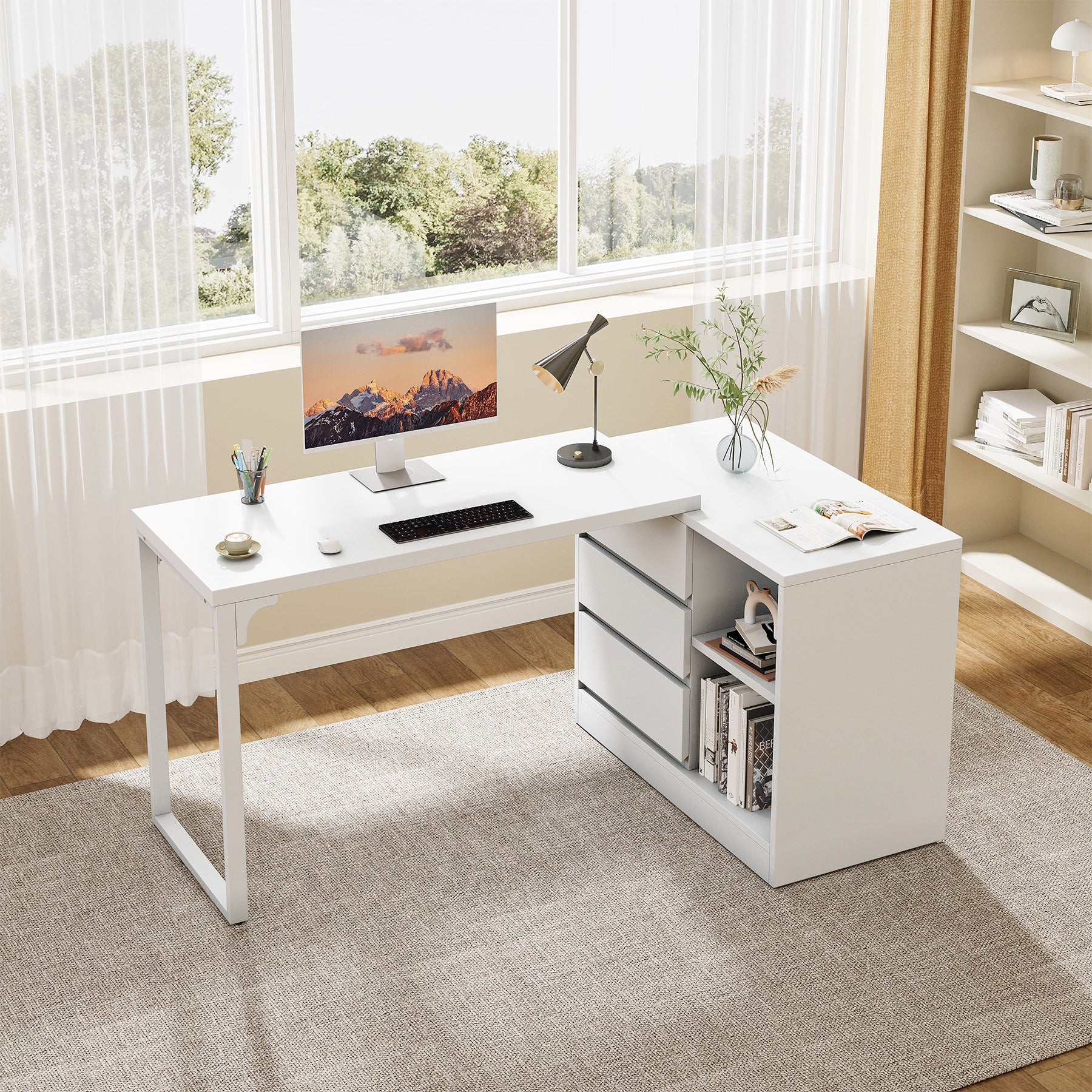 Tribesigns Reversible L-Shaped Computer Desk with Drawers and Shelves, White Corner Office Desk for Home Office and Bedroom