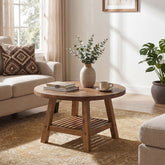 31.5 Inch Solid Wood Round Coffee Table with 2-Tier Storage, Living Room Center Table 3