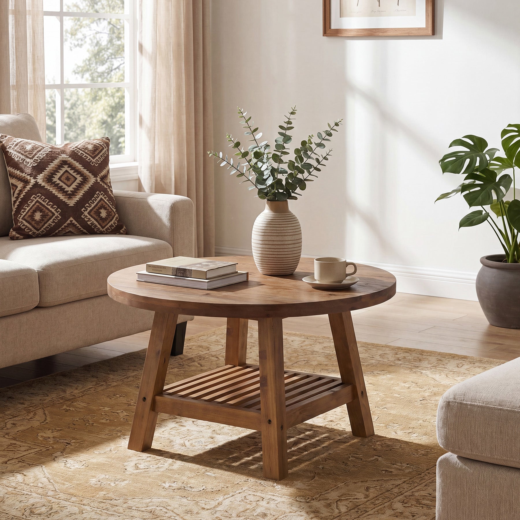31.5 Inch Solid Wood Round Coffee Table with 2-Tier Storage, Living Room Center Table