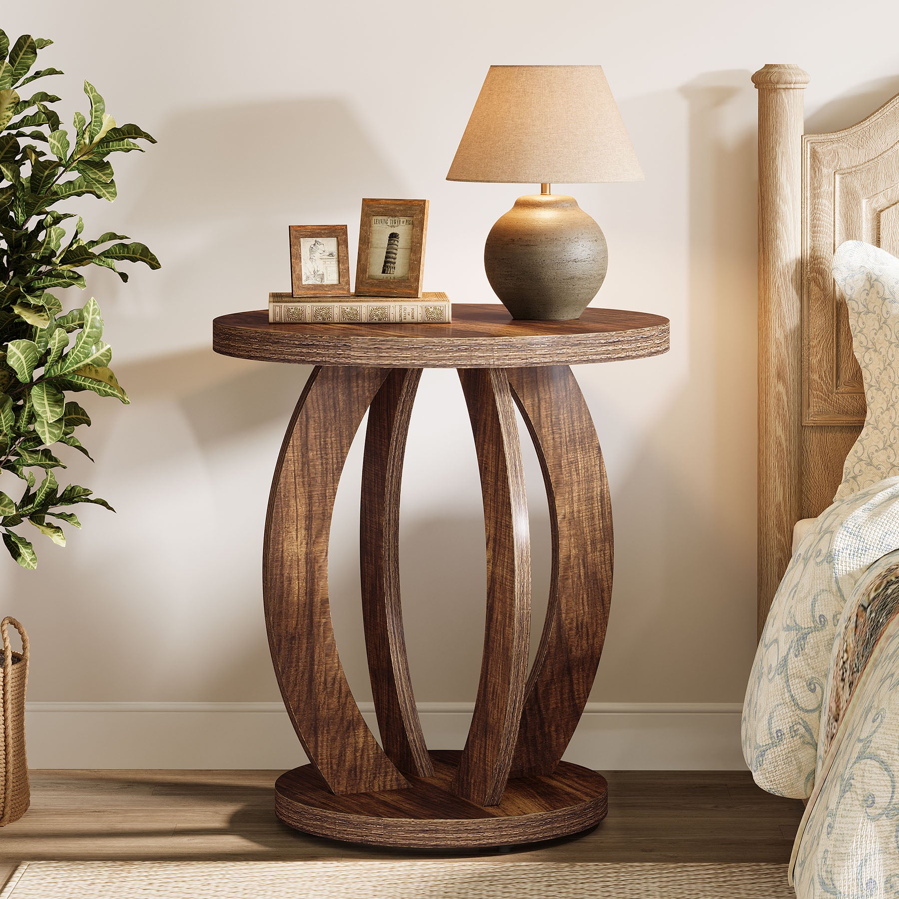 24" Round Farmhouse Nightstand - Bedside Table with Storage, Wood Base, Brown