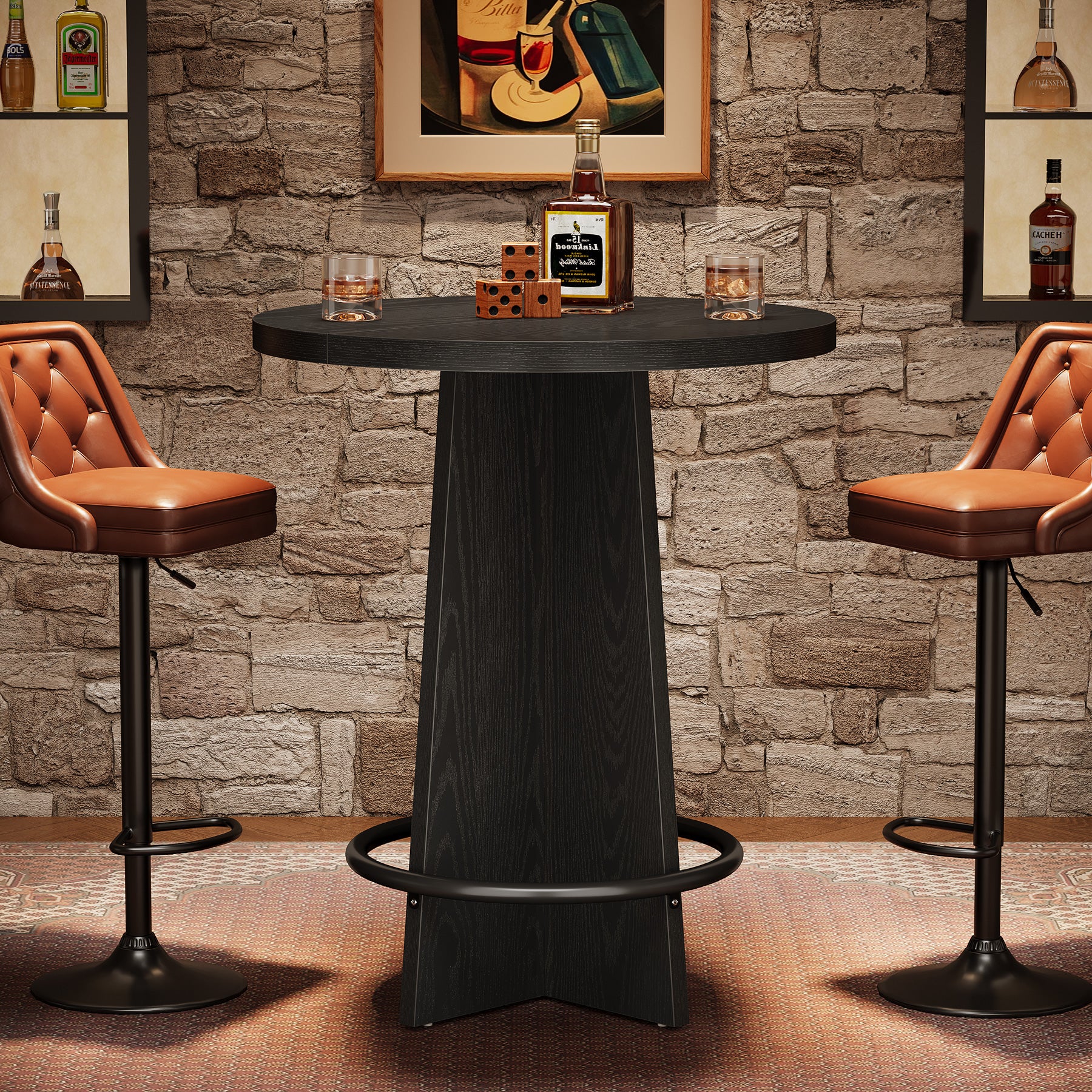 37.4-Inch Round Bar Table with Wooden Cross Base, Compact Pub Table with Ring Footrest