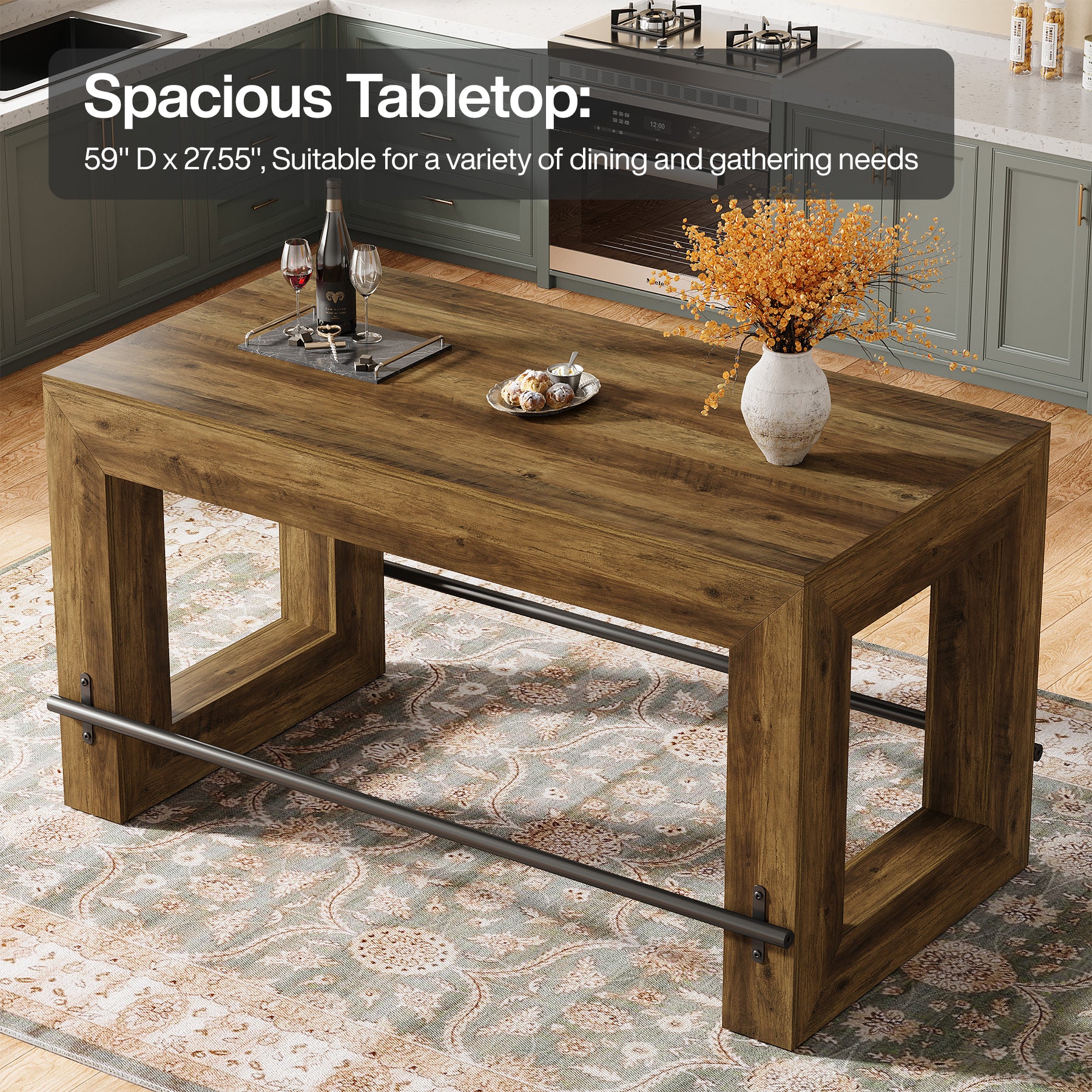 Tribesigns 59-Inch Industrial Bar Table with Metal Footrest, Counter Height Pub Table for Kitchen