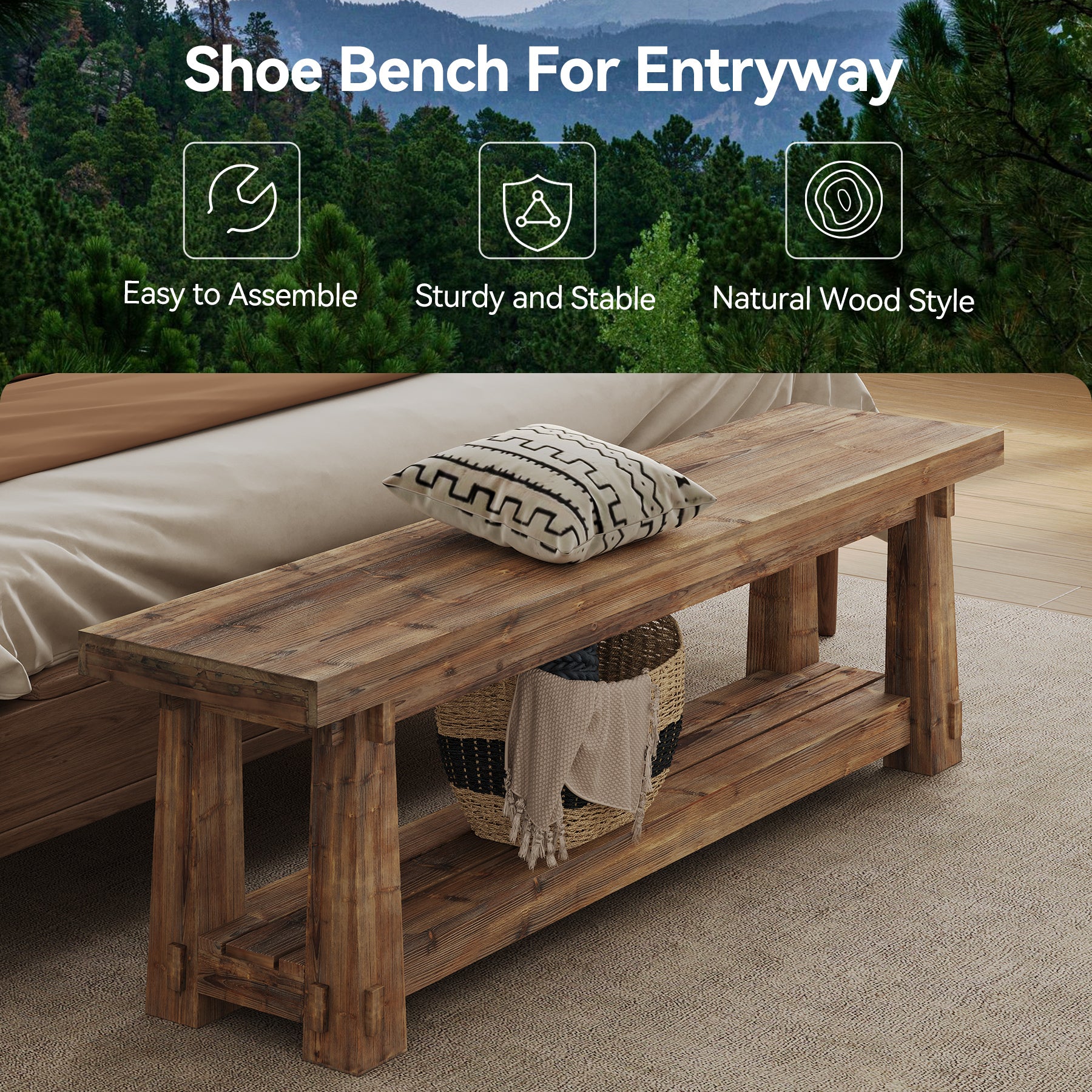 Tribesigns 55-Inch Shoe Storage Bench, Solid Wood Entryway Bench for Hallway