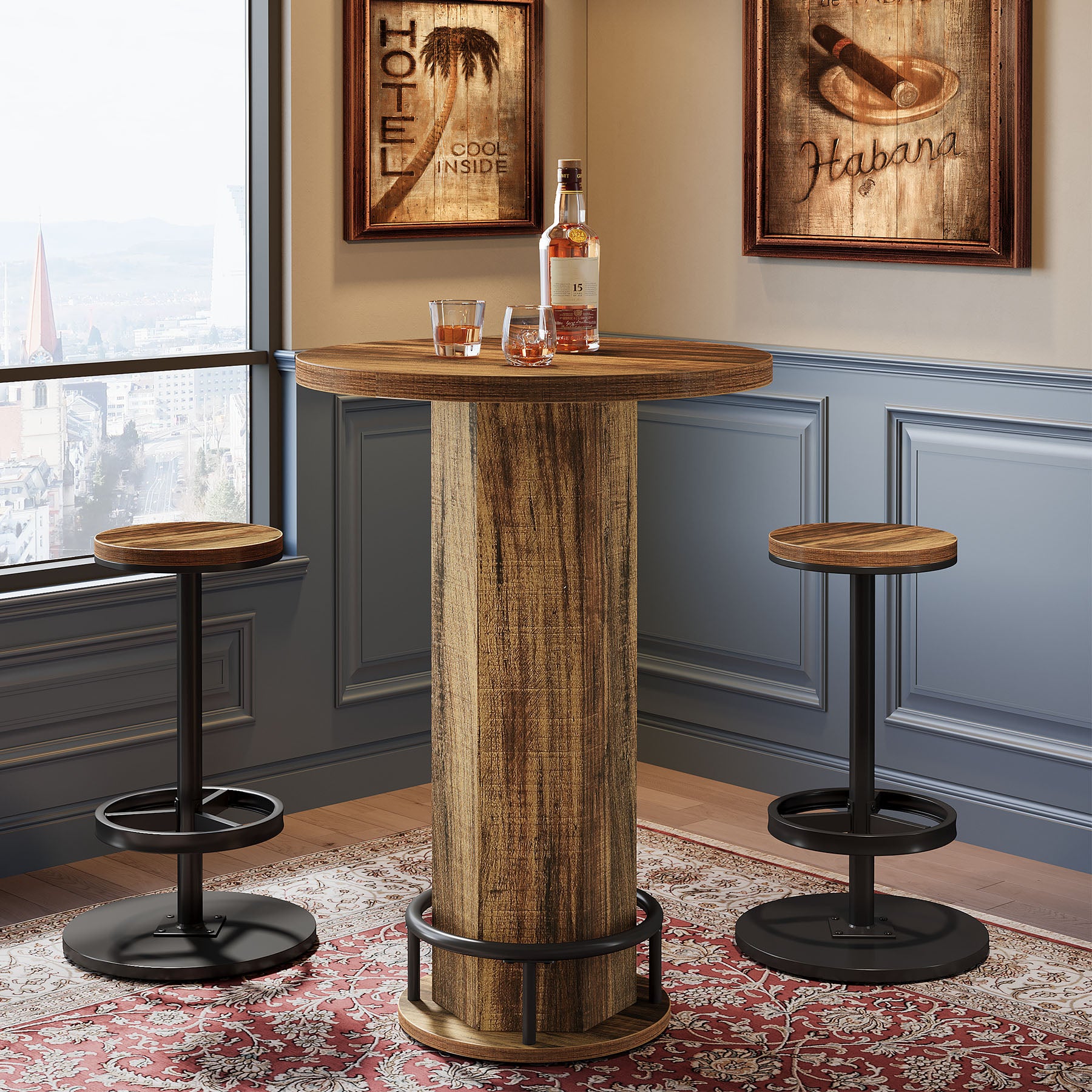 Tribesigns 23.62-Inch Round Bar Table Set, Industrial Bistro Table with 2 Bar Stools and Metal Footrest for Kitchen Apartment