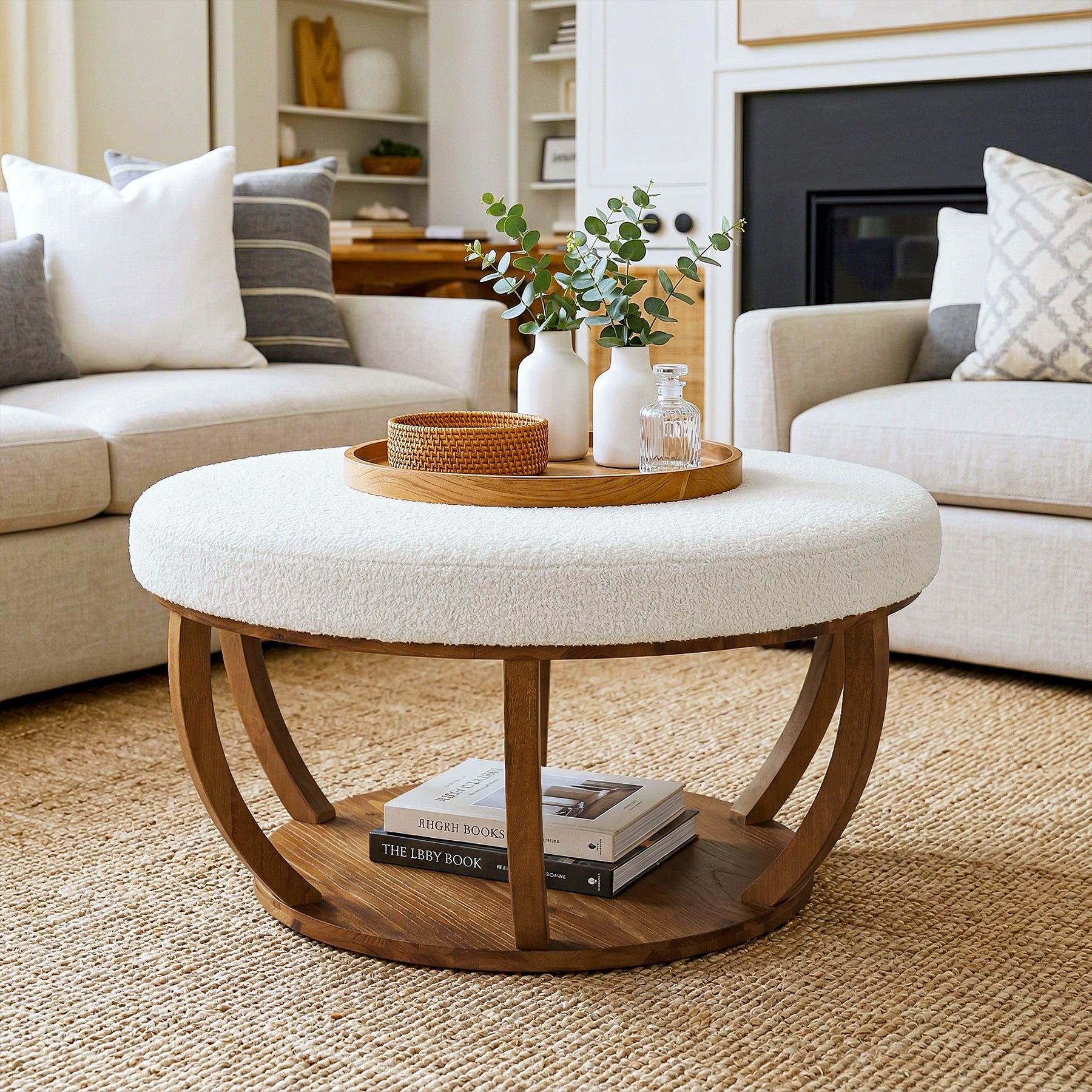 31.5-Inch Round Ottoman Coffee Table, Upholstered Storage Footrest Table