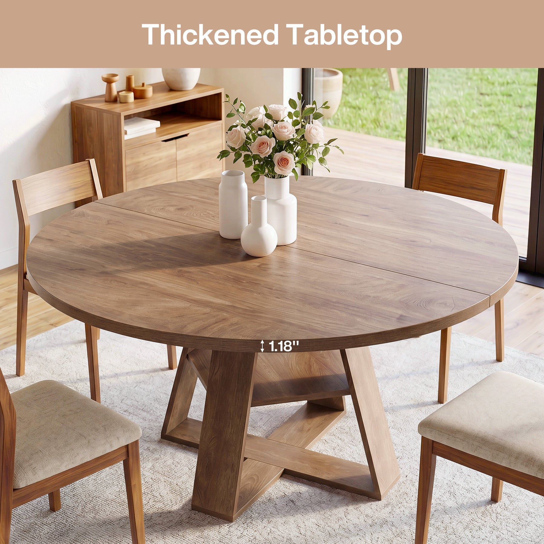 Tribesigns 47.24-Inch Round Dining Table for 4-6, Modern Farmhouse Kitchen Table with X-Cross Pedestal Base and Storage Shelf for Dining Room