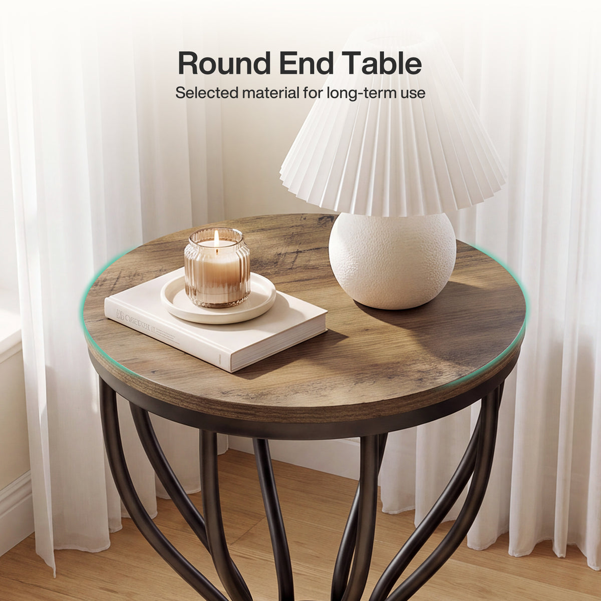 Tribesigns 19.7-Inch Round Side Table with Metal Frame, Rustic Accent Table for Living Room