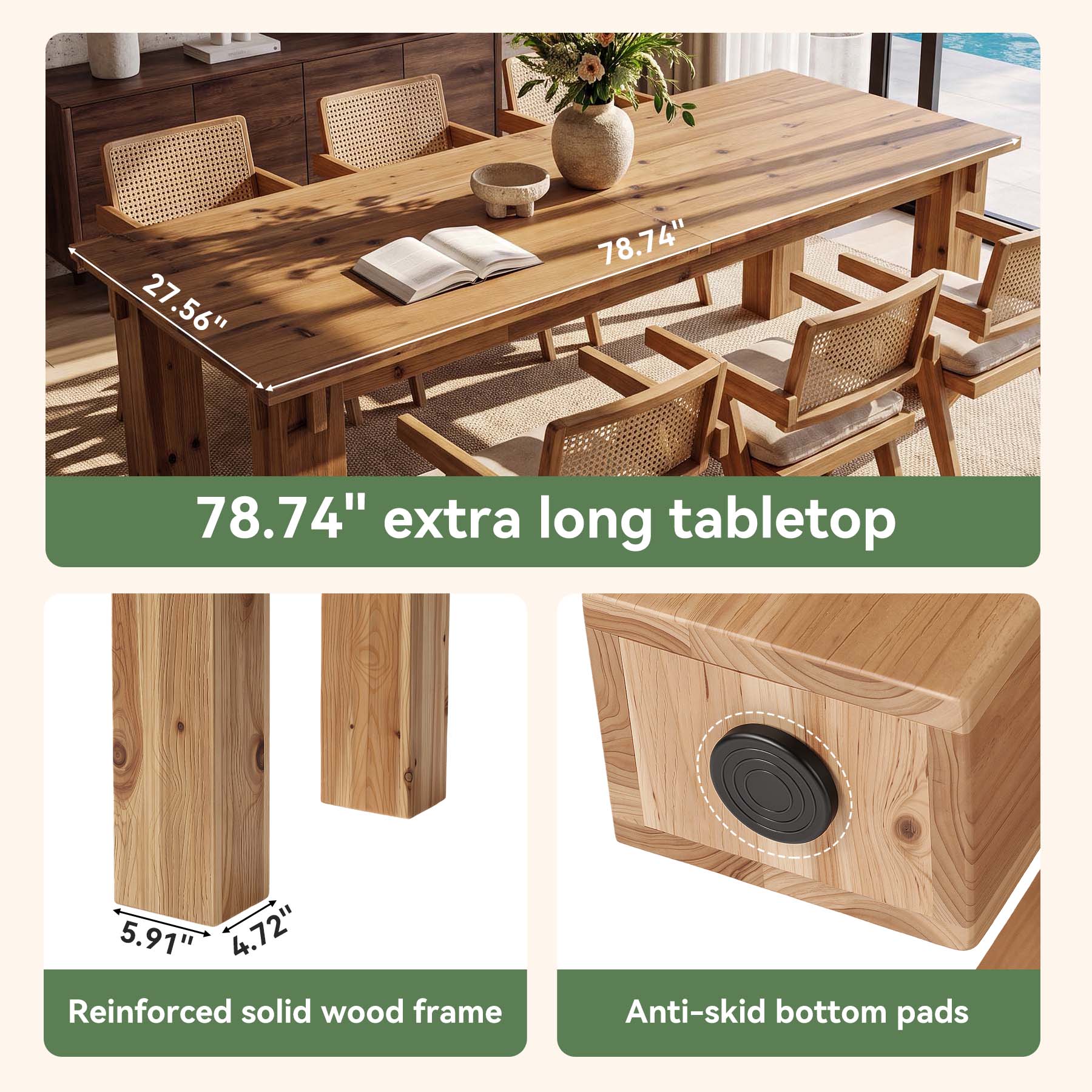 Tribesigns 78.74-Inch Solid Wood Dining Table, 6-8 Person Farmhouse Table with Block Legs