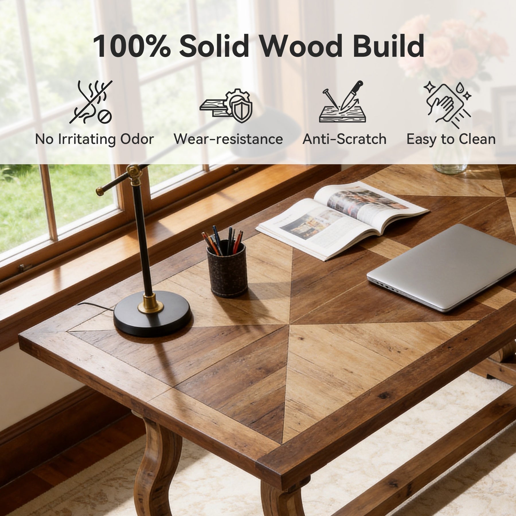 Tribesigns 63-Inch Solid Wood Executive Desk with Diamond Parquetry, Farmhouse Desk for Home Office