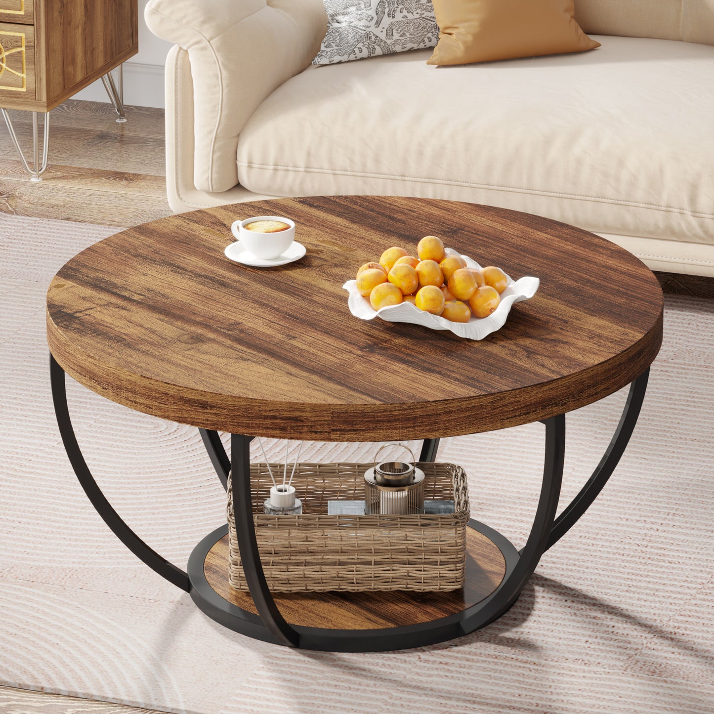 Round Wooden Coffee Table with 2-Tier Shelves