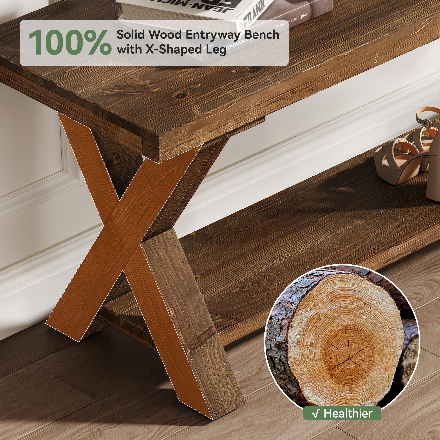 Tribesigns 43.3-Inch Solid Wood Entryway Bench with Storage Shelf and X-Shaped Legs, Farmhouse Shoe Bench for Hallway and Living Room