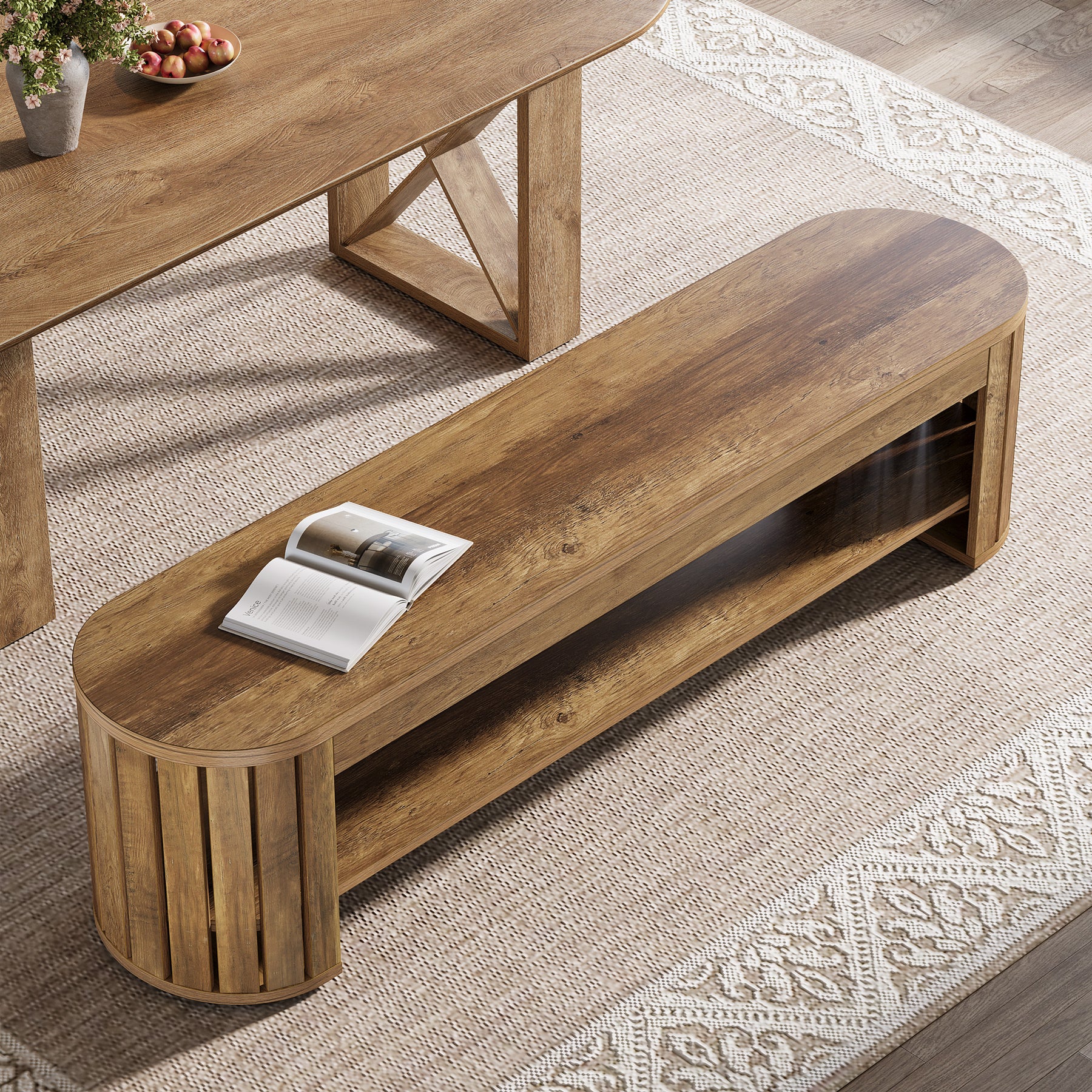 63-Inch Wooden Dining Bench with Arc Slat Legs, Farmhouse Bench for Dining Room
