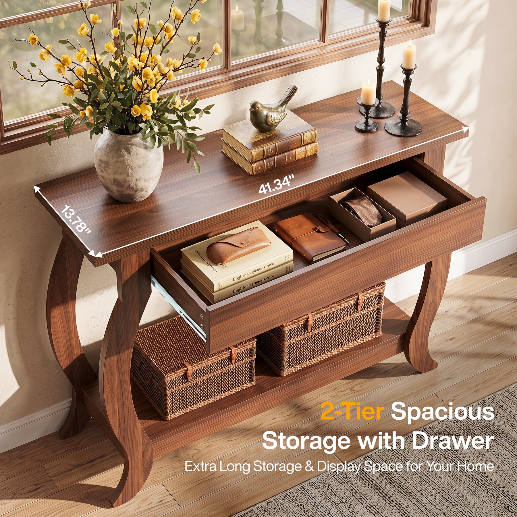 41.3-Inch Narrow Console Table with Drawer, Curved-Leg Hallway Table with Storage