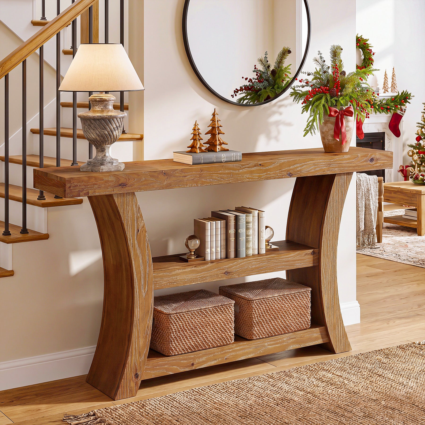 Tribesigns 55-Inch Solid Wood Console Table with 3-Tier Storage, Curved Entryway Table for Hallway