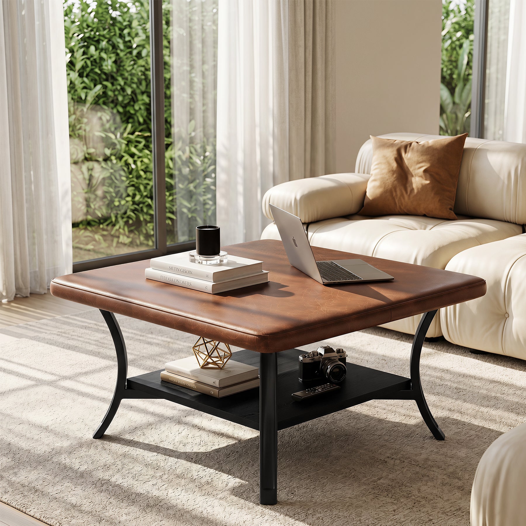 31.5-Inch Square Coffee Table, Upholstered Ottoman with PU Leather Top for Living Room