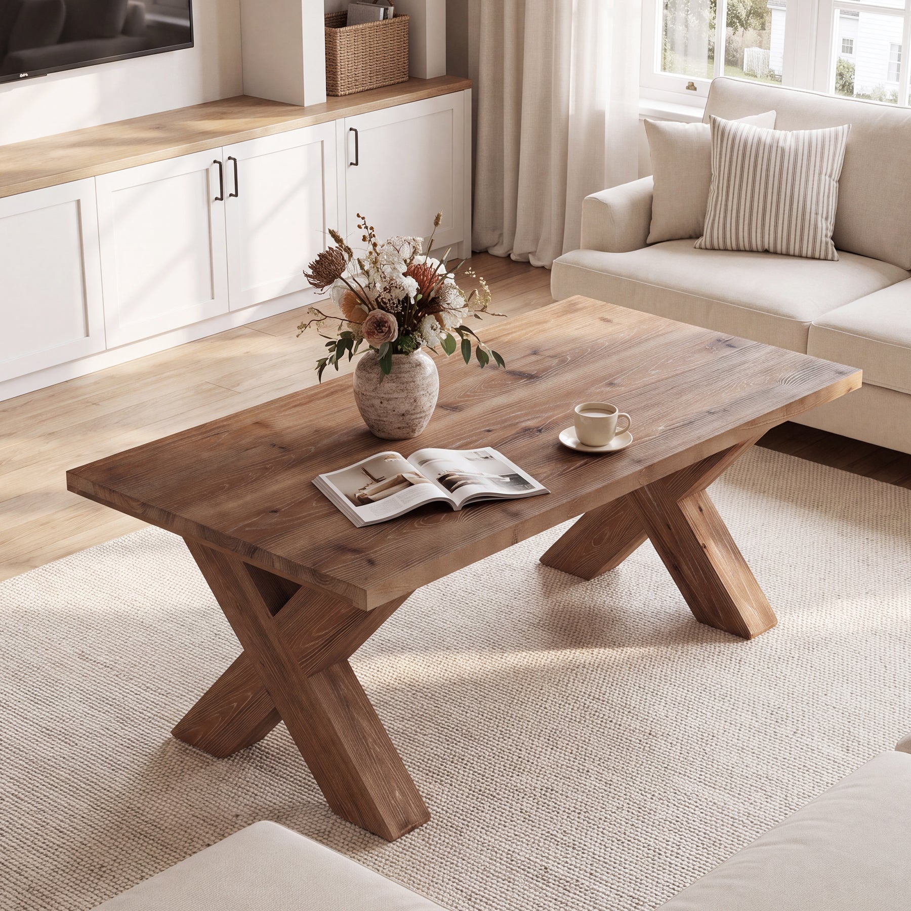 Tribesigns 47-Inch Solid Wood Coffee Table with X-Legs, Farmhouse Centre Table for Living Room